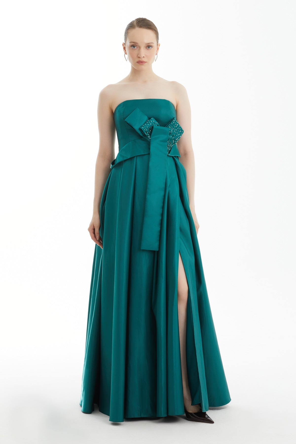 Green Embroidered Strapless Dress
