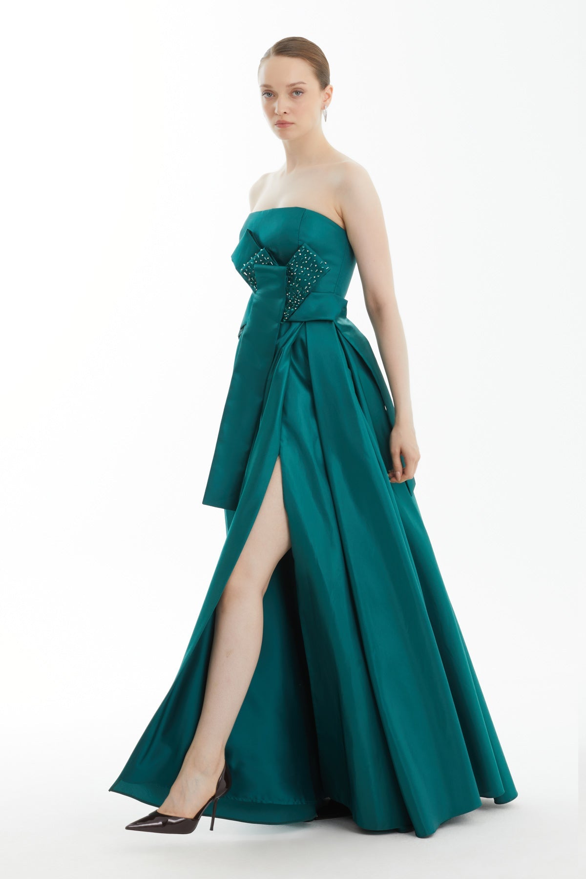 Green Embroidered Strapless Dress