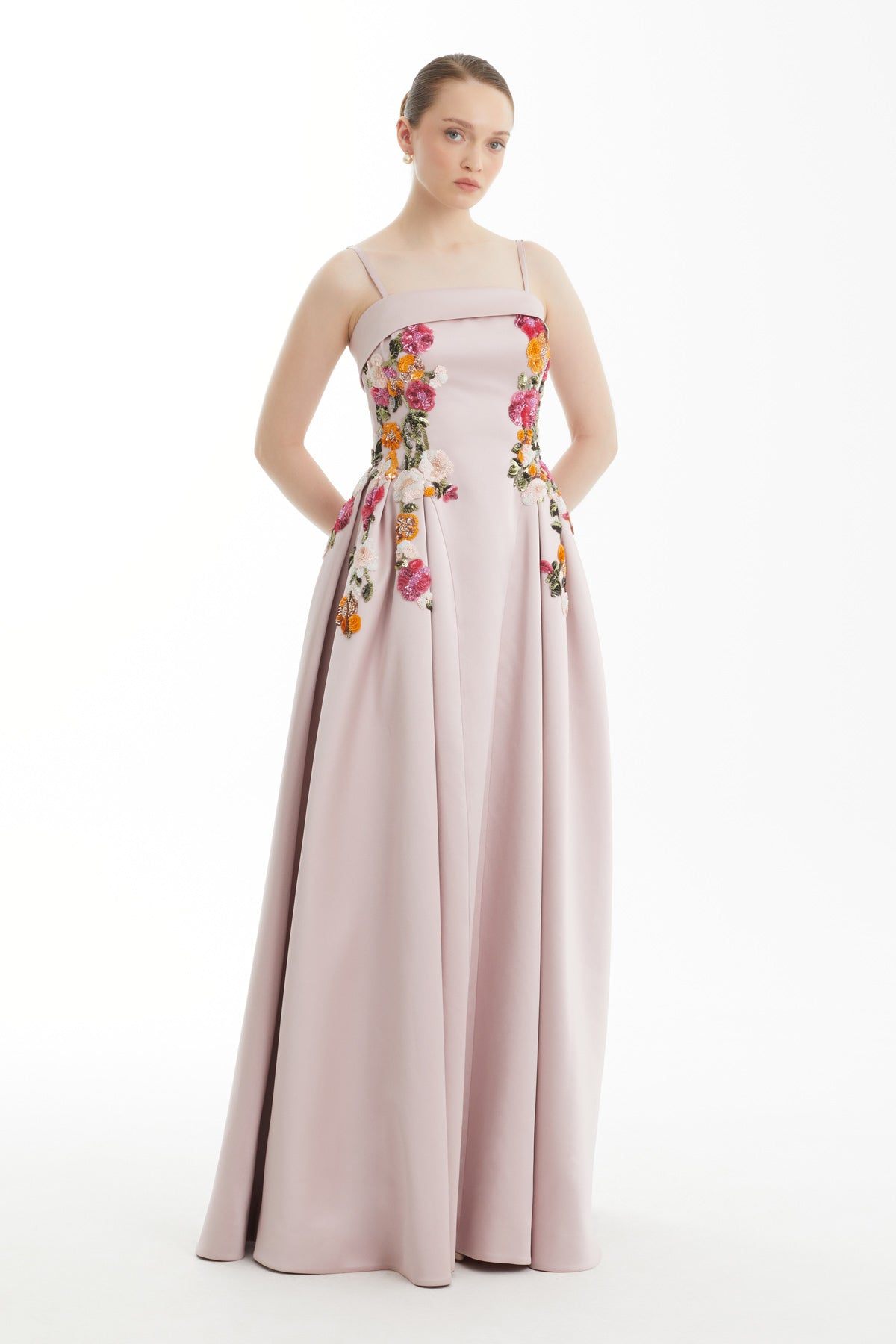 Pink Appliqué Floral Strapless Dress