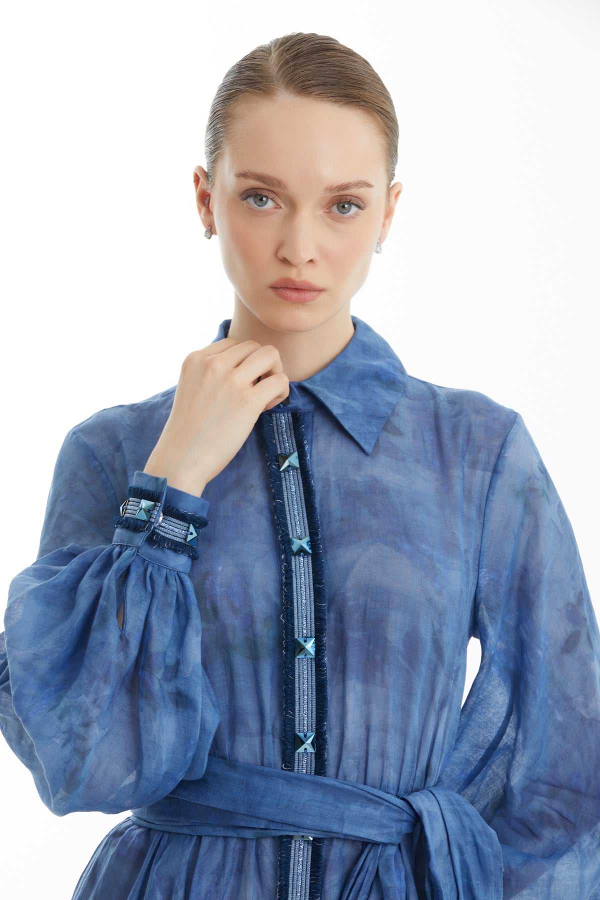 Blue Balloon-Sleeve Belted Patterned Dress