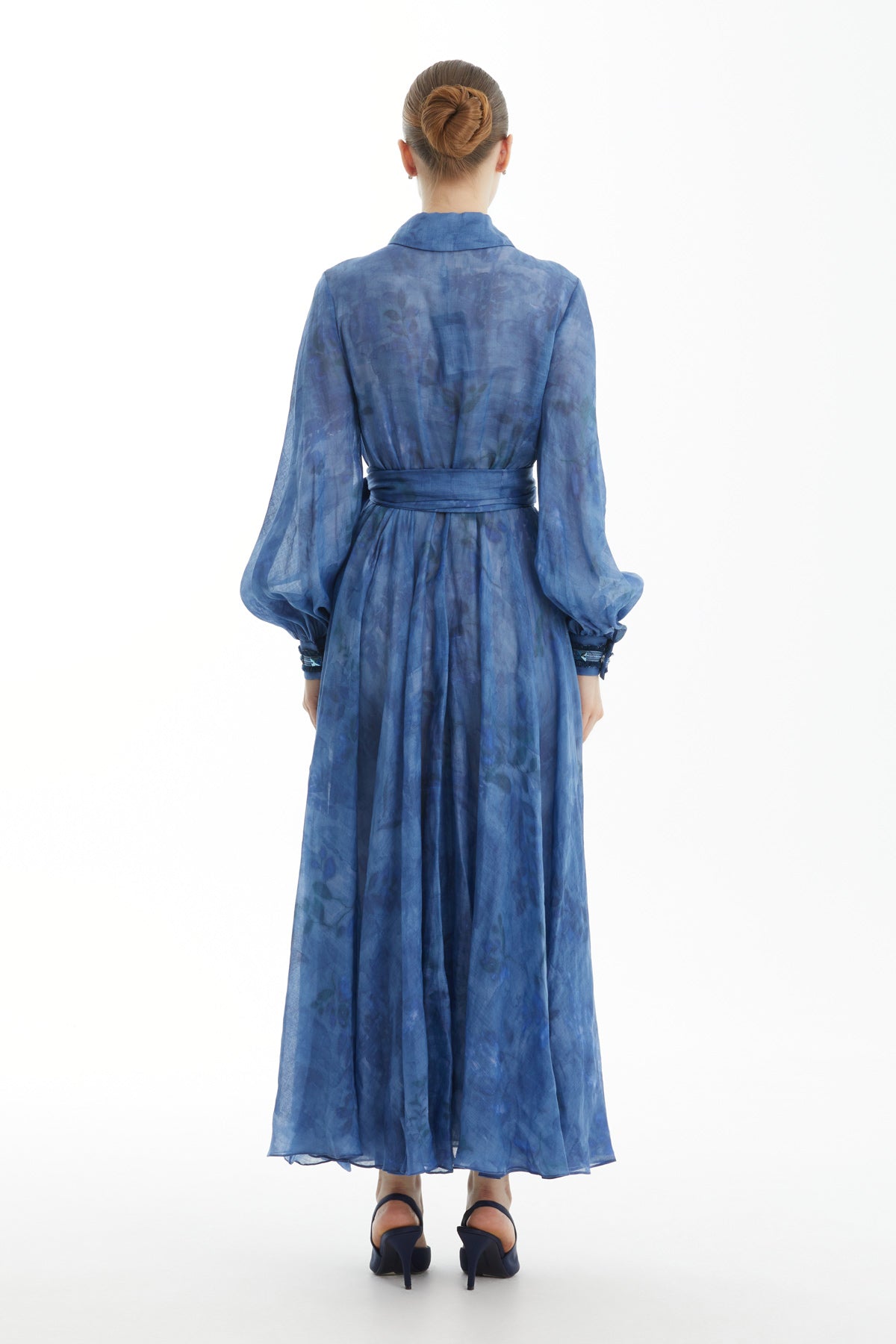 Blue Balloon-Sleeve Belted Patterned Dress