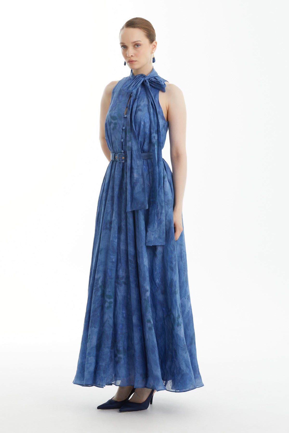 Blue Bow-Tie Belted Ruffle Dress
