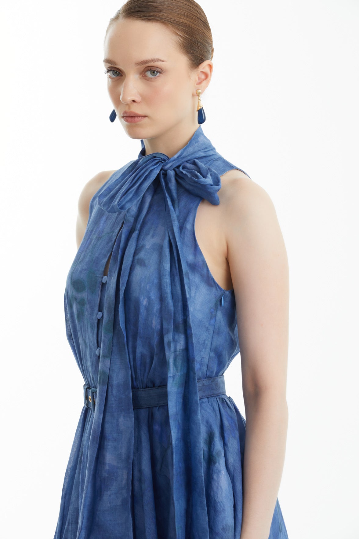 Blue Bow-Tie Belted Ruffle Dress