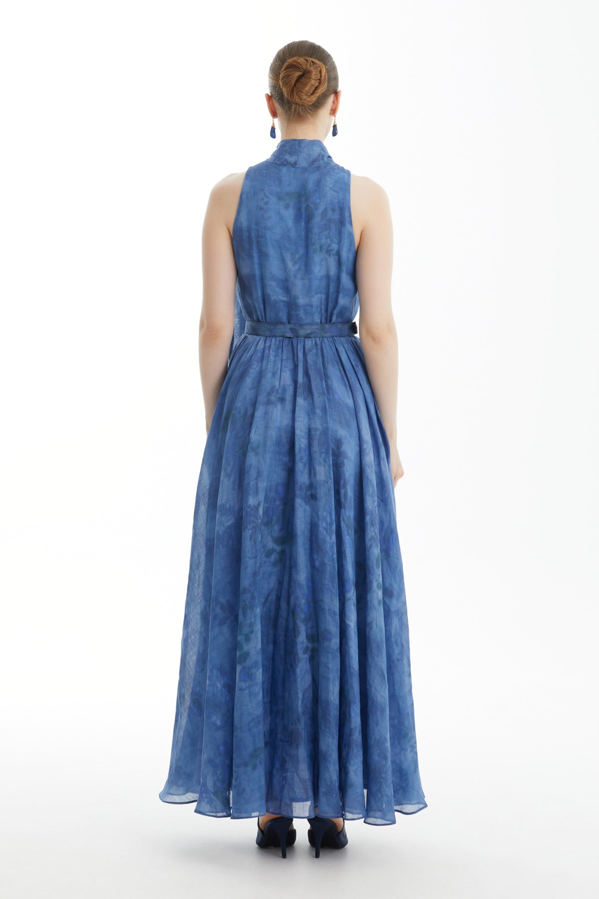 Blue Bow-Tie Belted Ruffle Dress