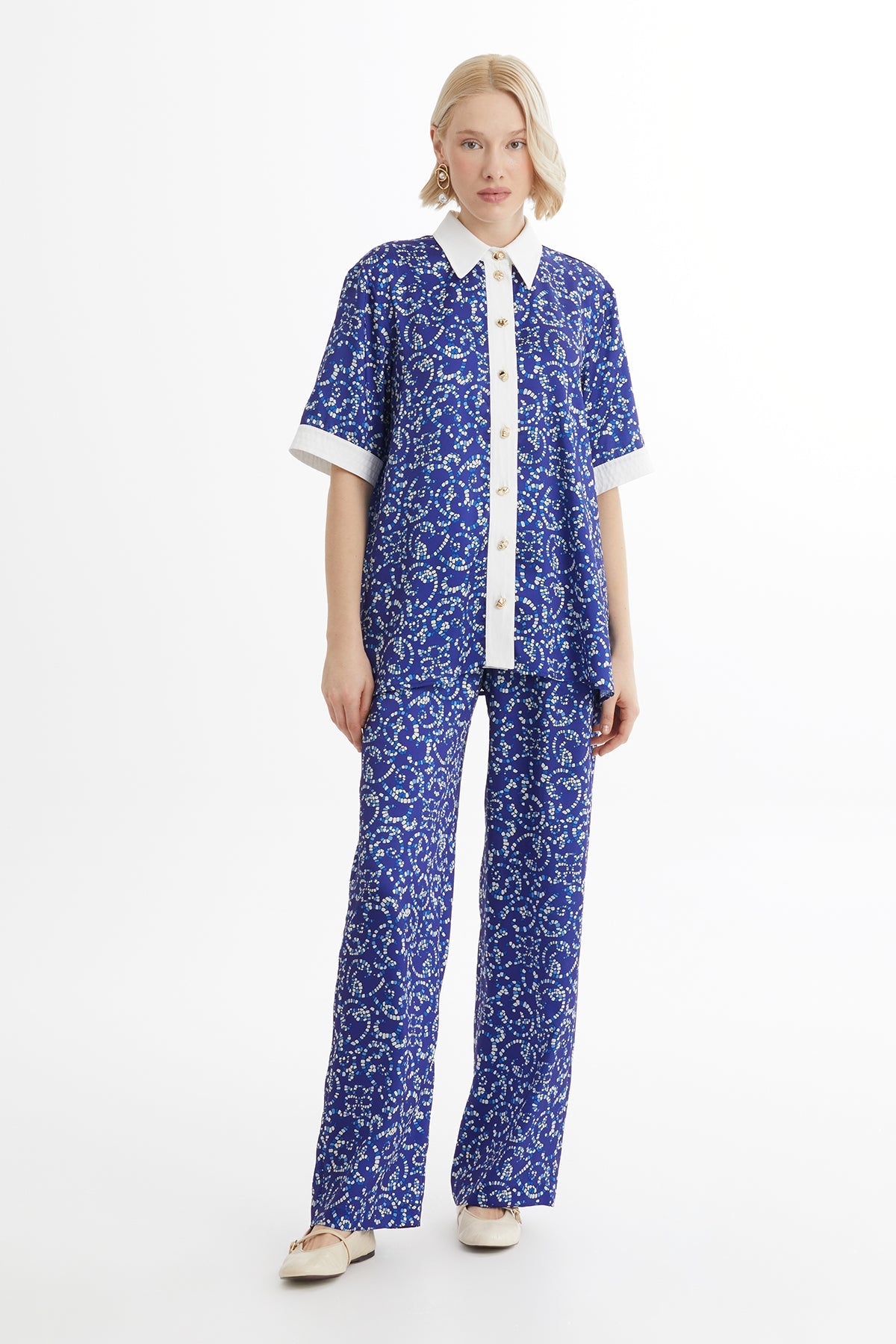 Blue Patterned Elastic Waist Set