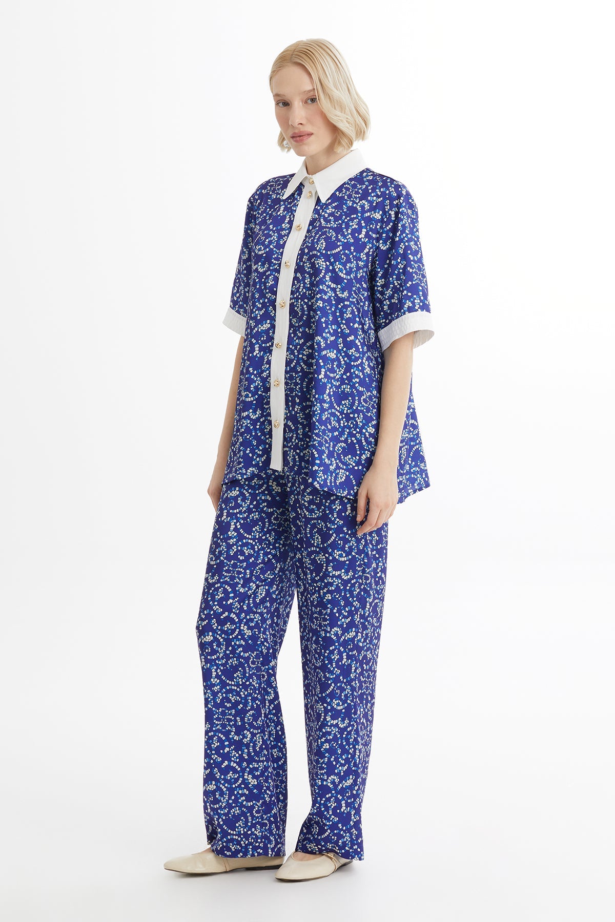 Blue Patterned Elastic Waist Set