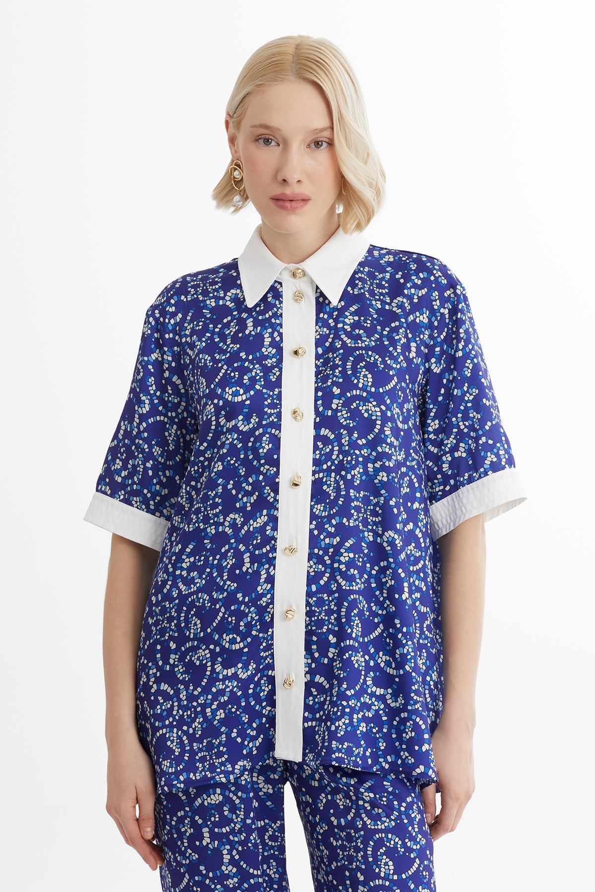 Blue Patterned Elastic Waist Set