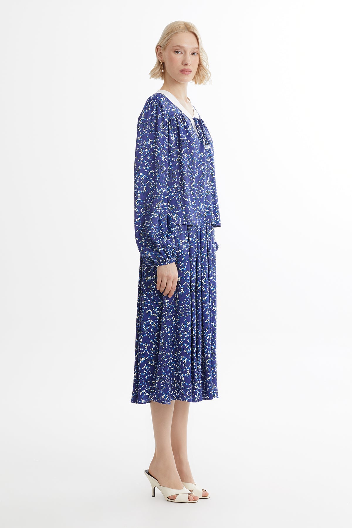 Blue Tie-Neck Blouse Skirt Set