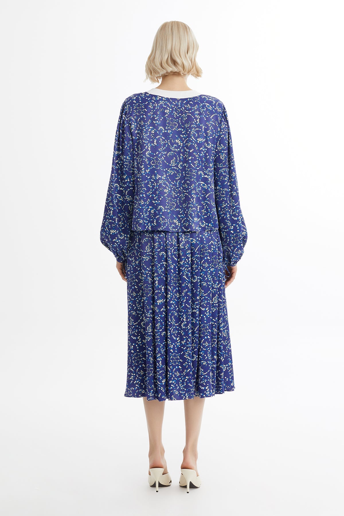 Blue Tie-Neck Blouse Skirt Set