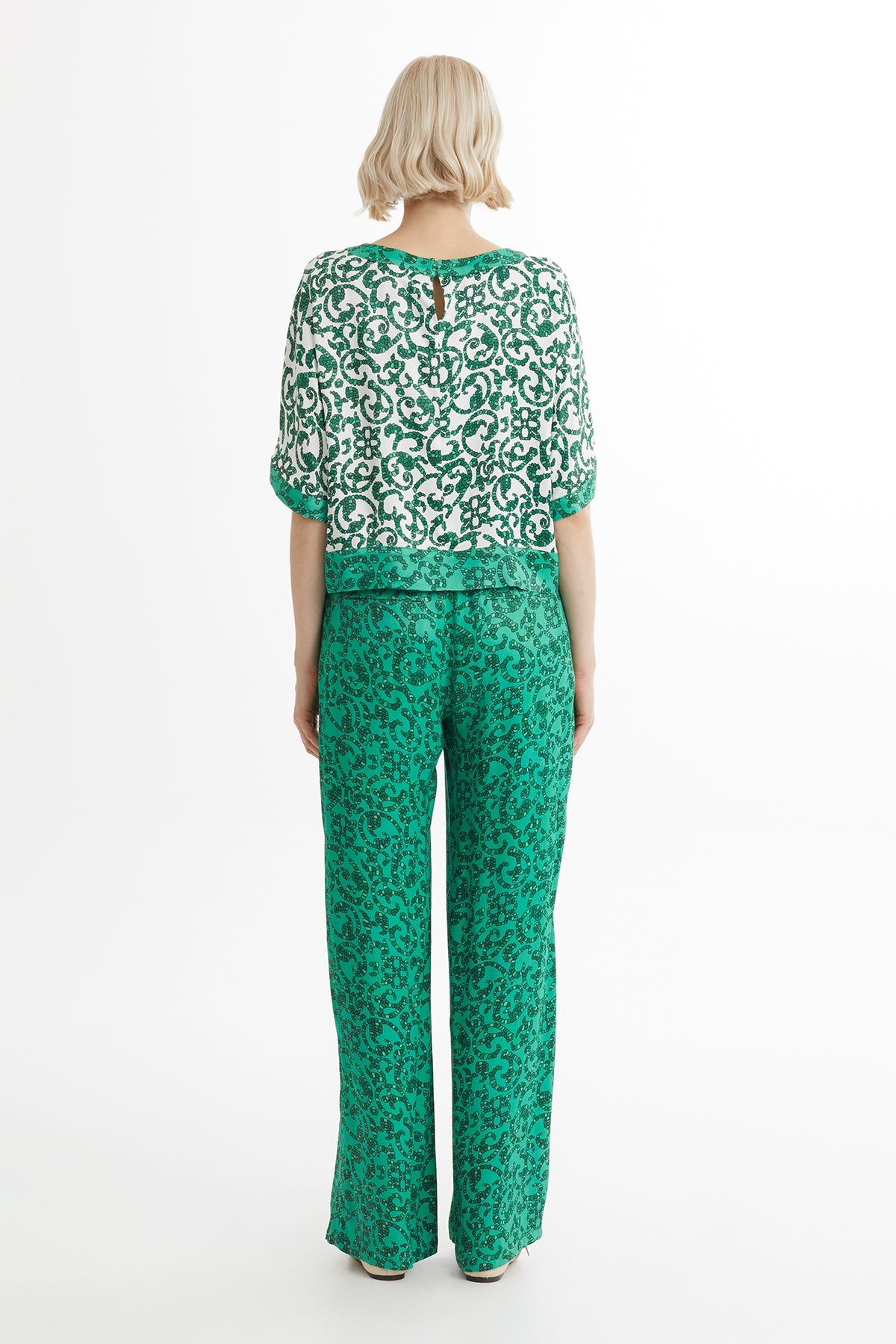 White Blouse Elastic-Waist Track Set