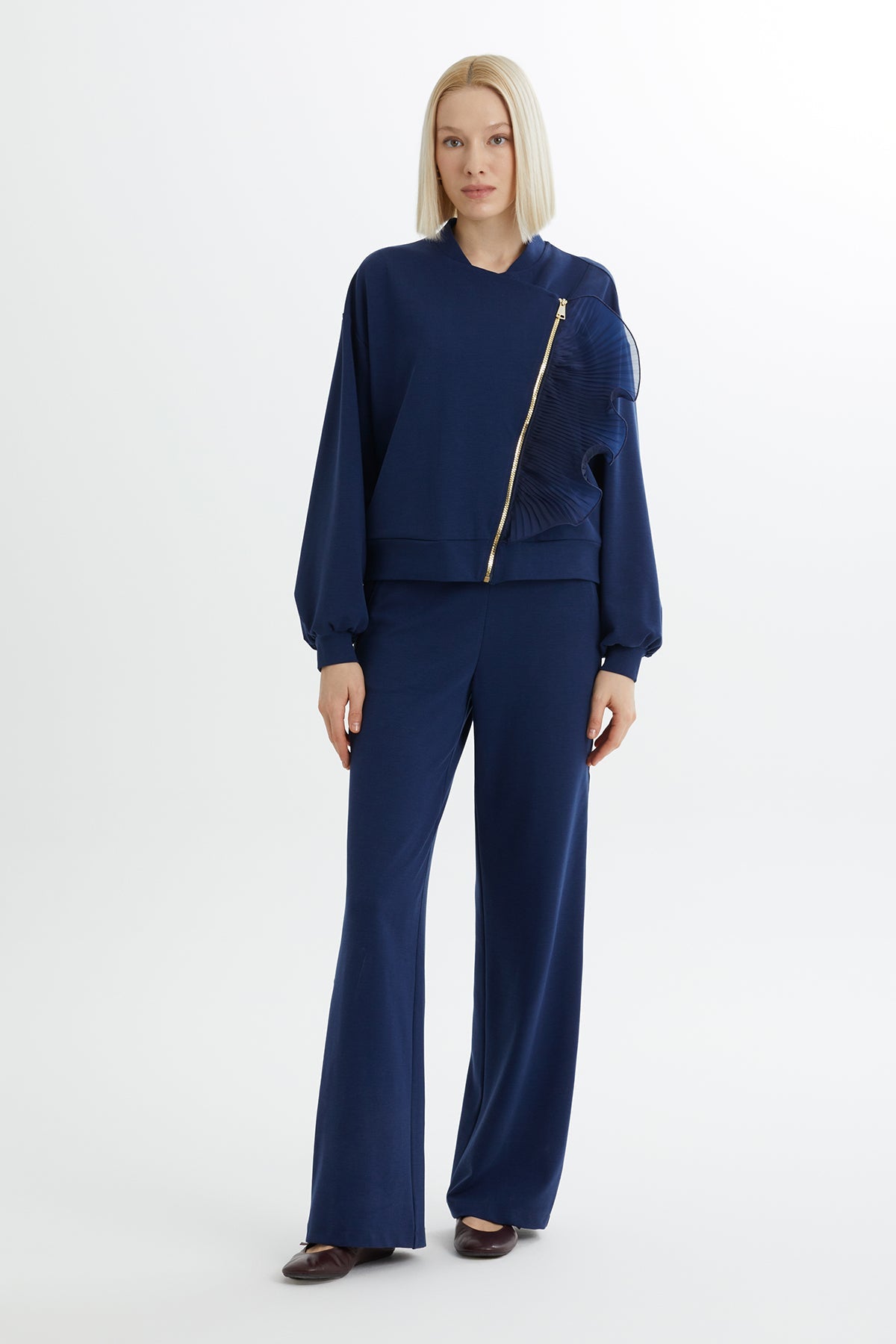 Dark Navy Zip-Closure Elastic Waist Sweatshirt Set