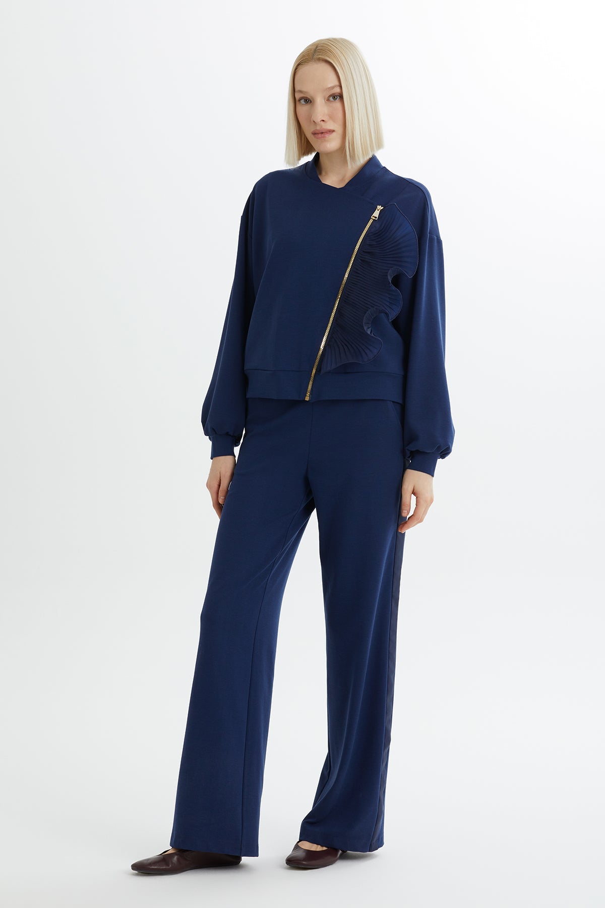 Dark Navy Zip-Closure Elastic Waist Sweatshirt Set