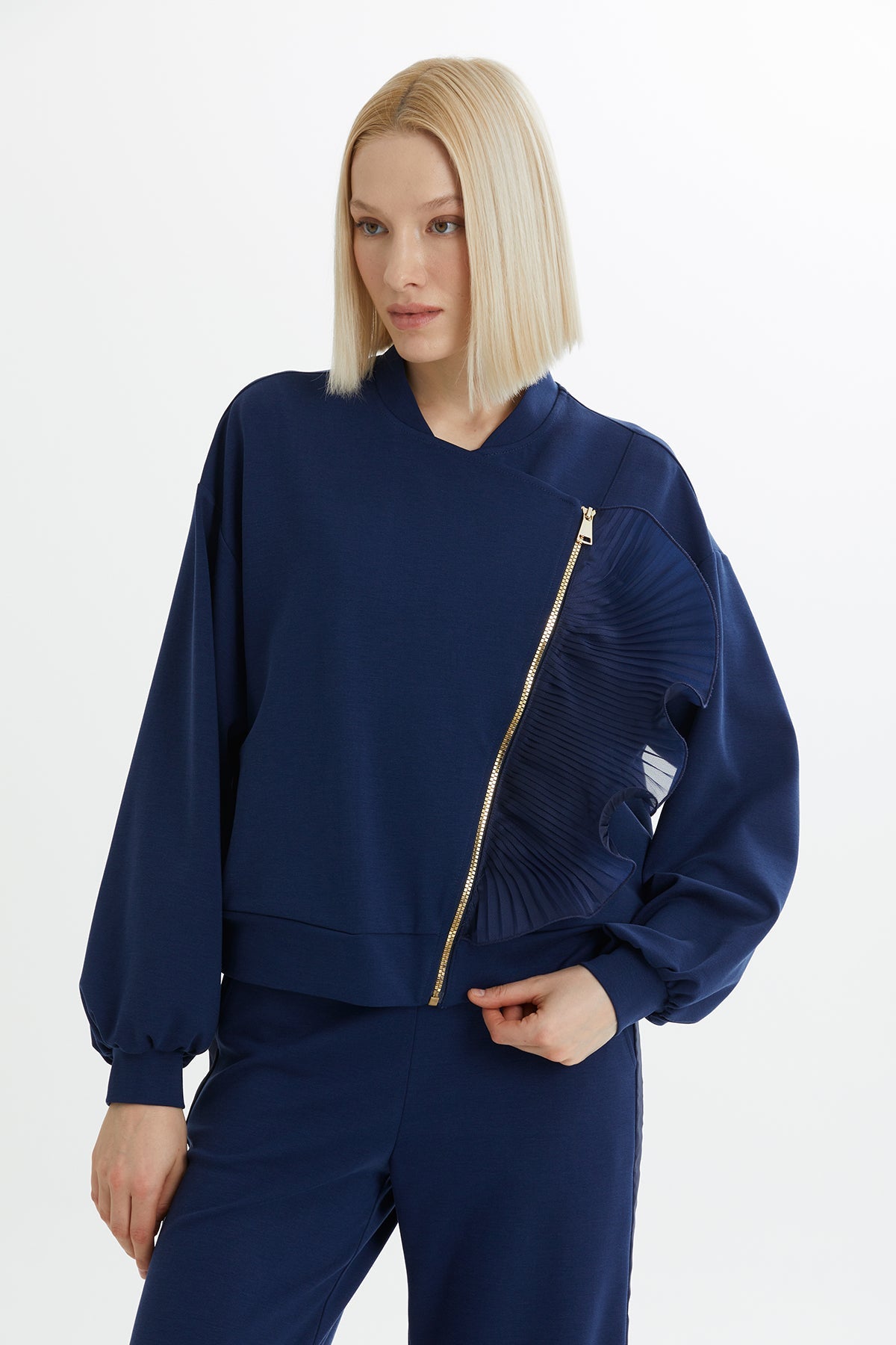 Dark Navy Zip-Closure Elastic Waist Sweatshirt Set