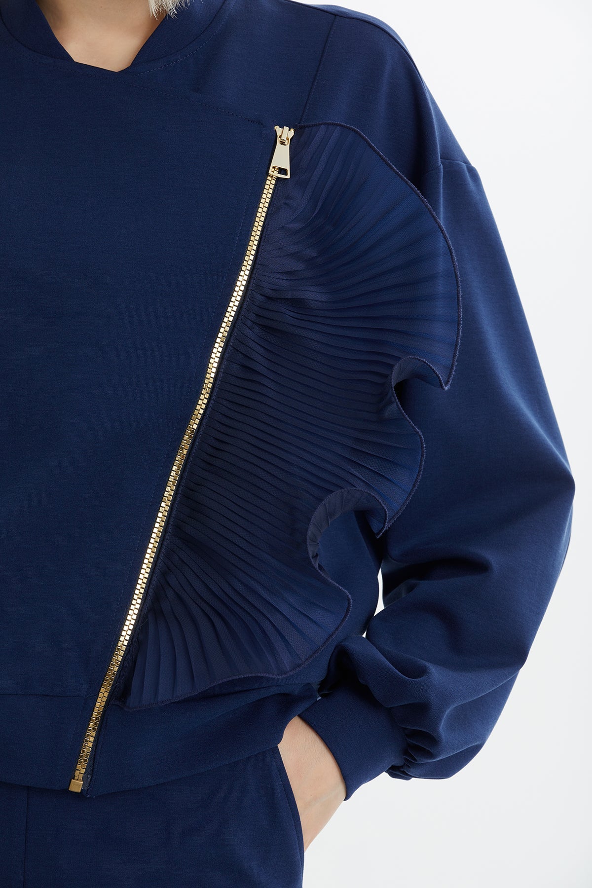 Dark Navy Zip-Closure Elastic Waist Sweatshirt Set