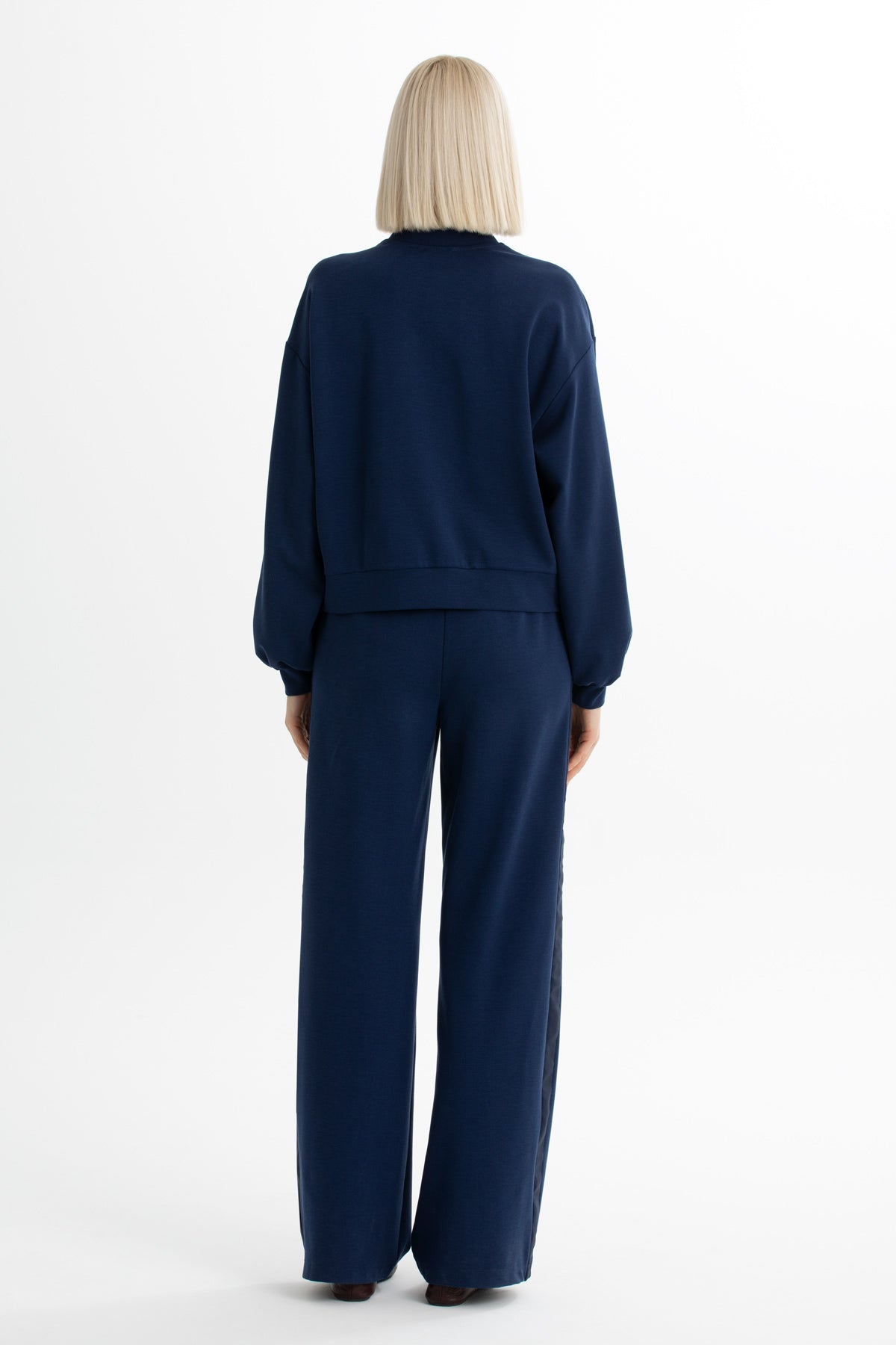 Dark Navy Zip-Closure Elastic Waist Sweatshirt Set