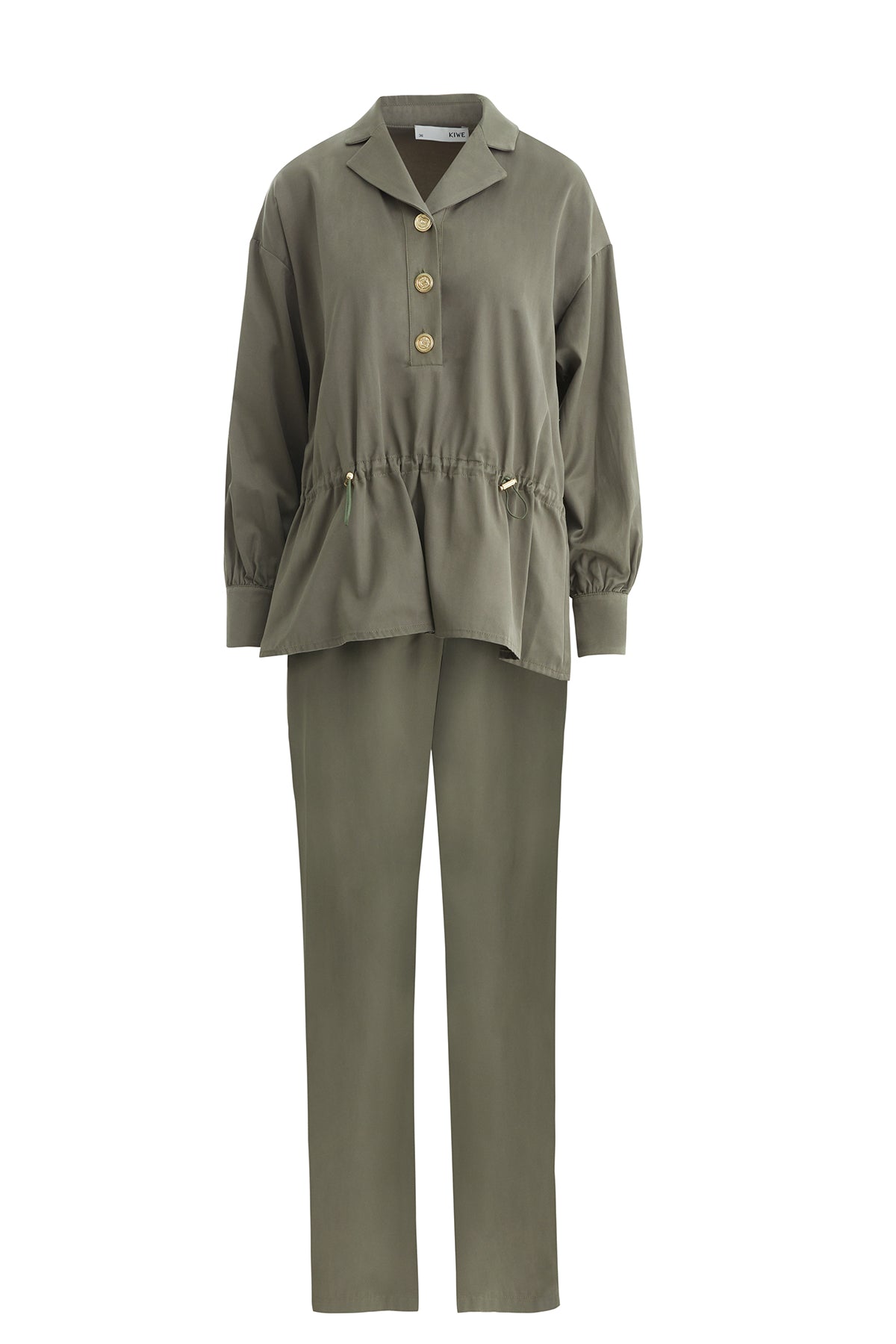 Green Gathered Waist Blouse Trouser Set
