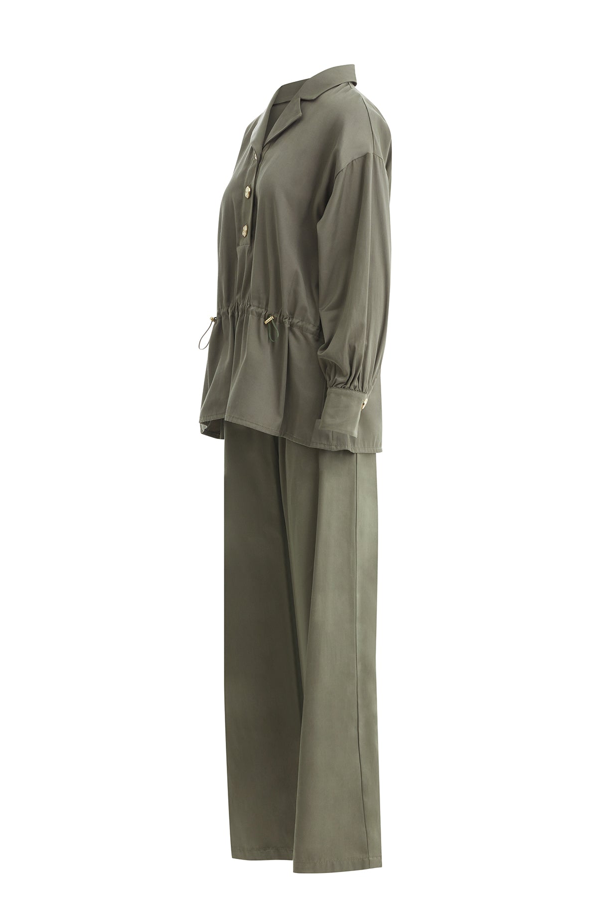 Green Gathered Waist Blouse Trouser Set