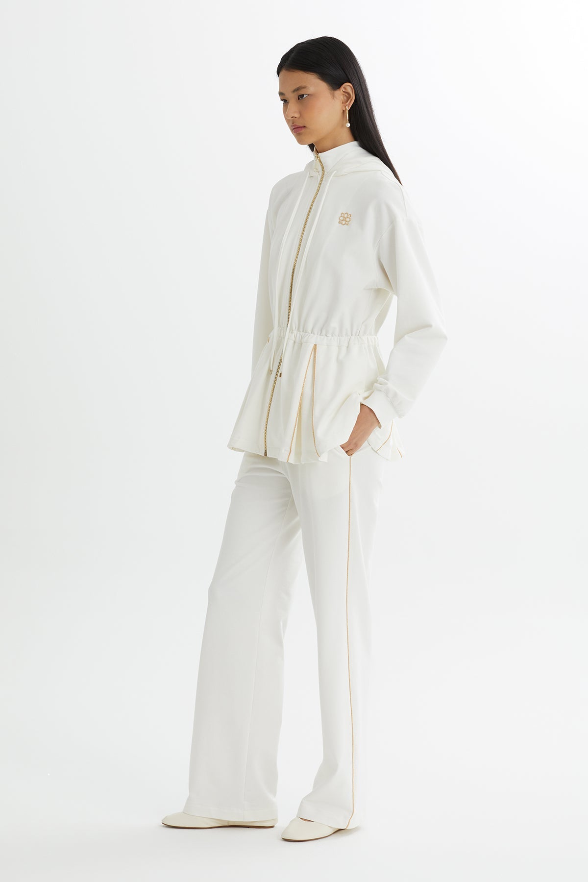 Ecru Hooded Drawstring Waist Sweat Set