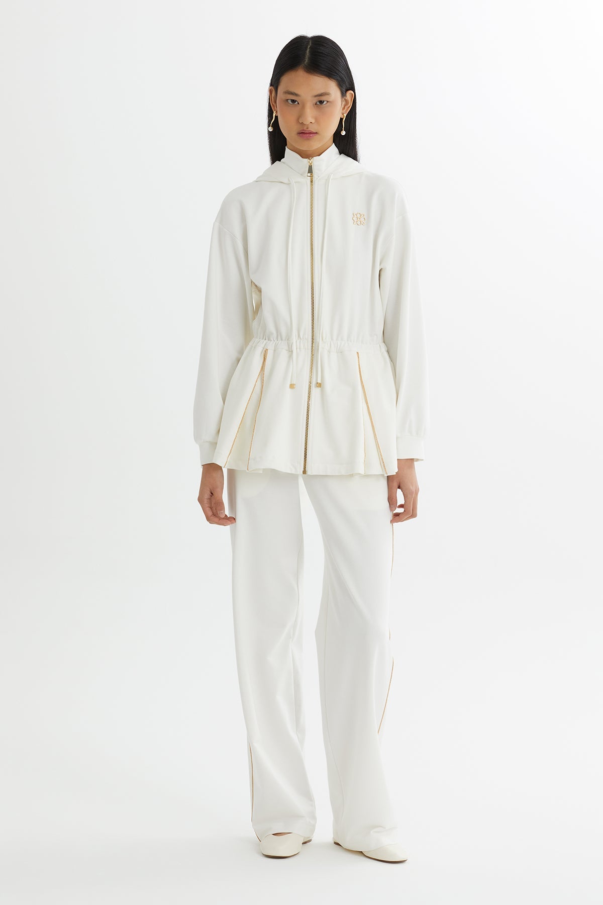 Ecru Hooded Drawstring Waist Sweat Set