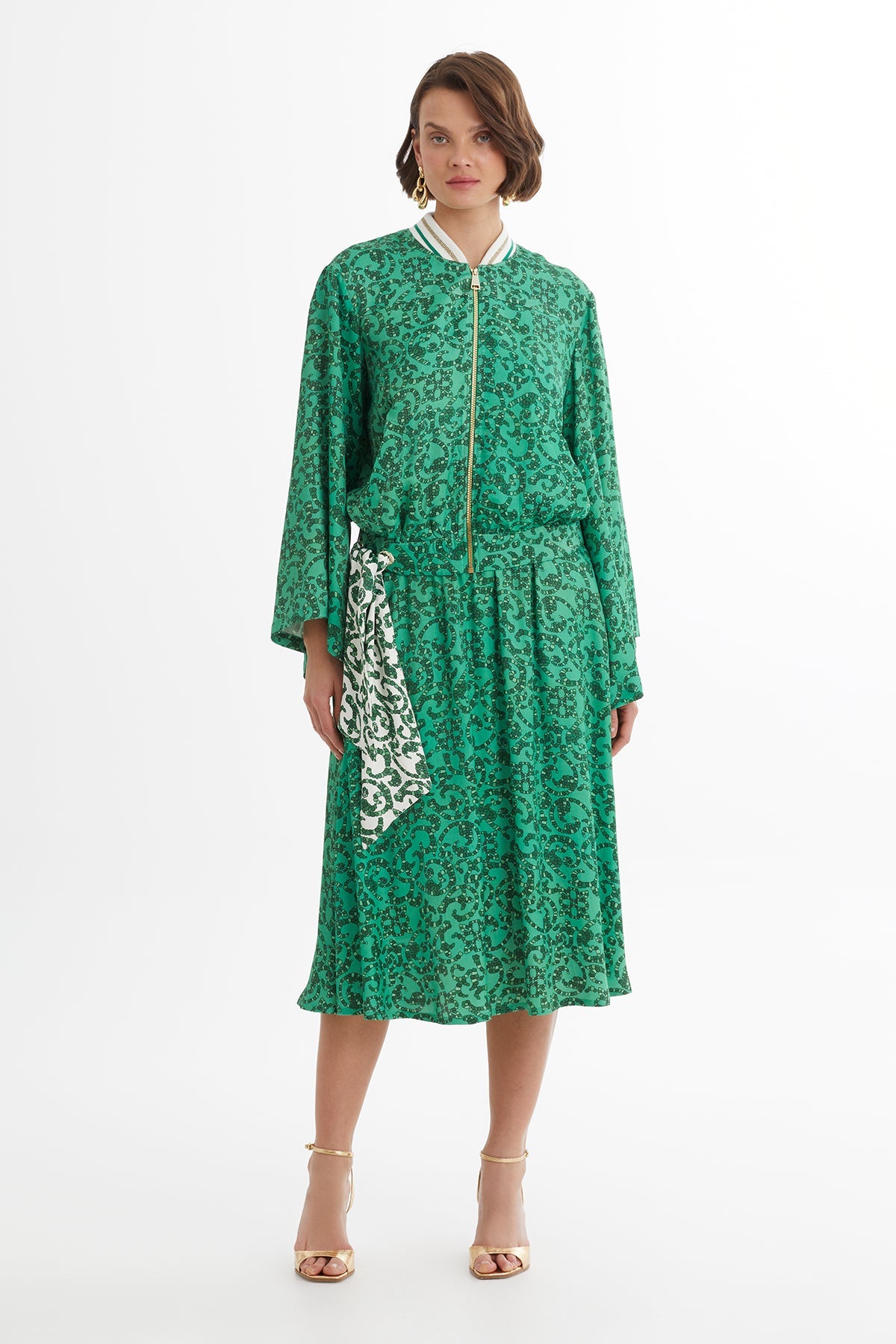 Green Batwing Sleeve Jacket Skirt Set