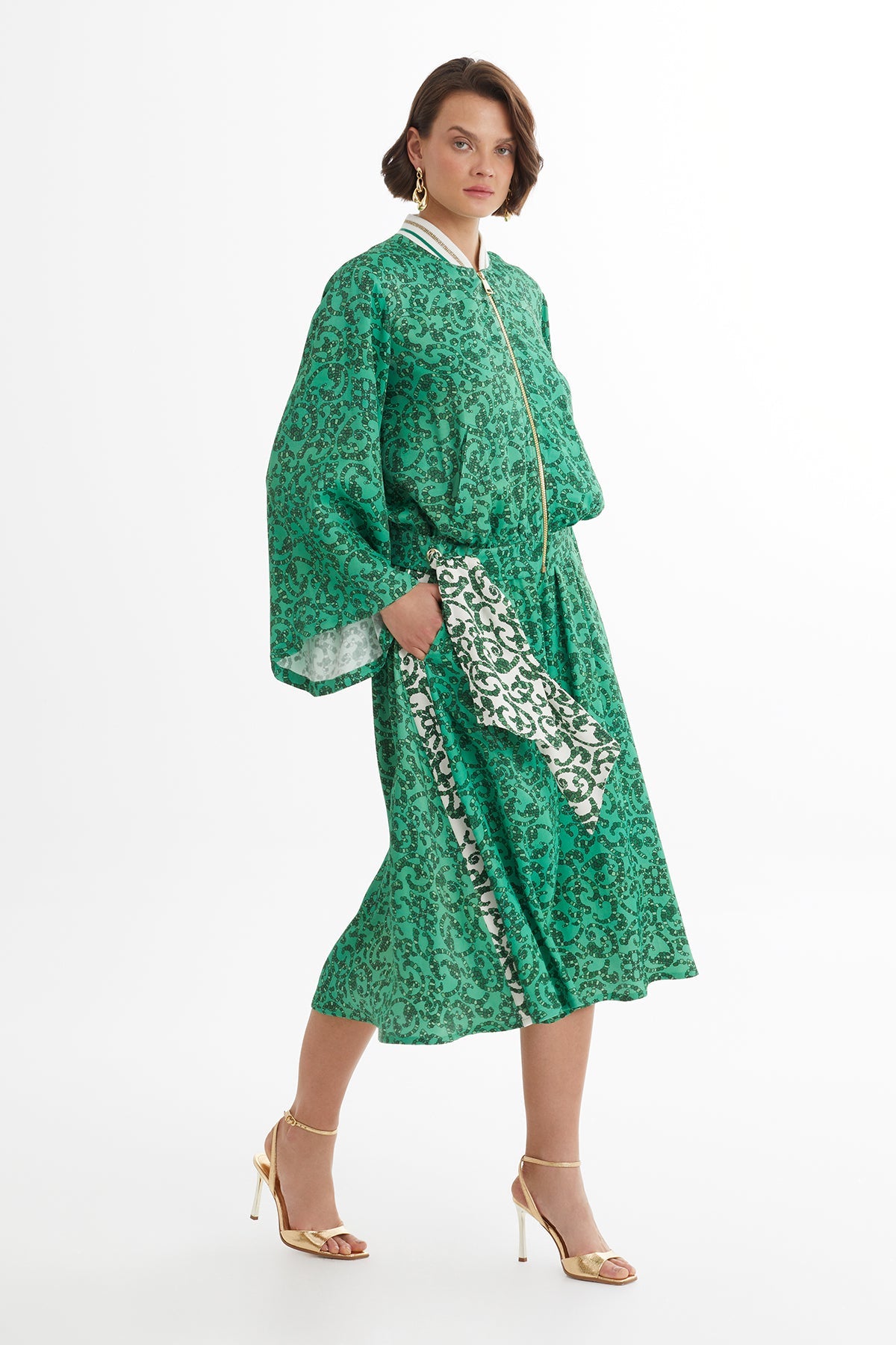 Green Batwing Sleeve Jacket Skirt Set