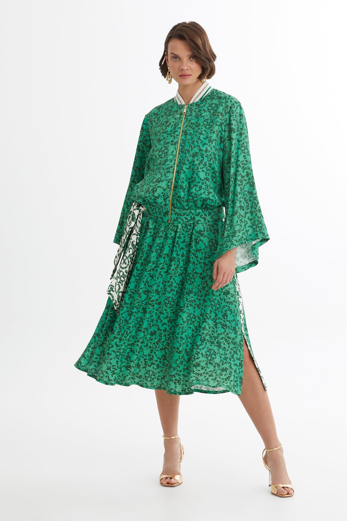 Green Batwing Sleeve Jacket Skirt Set