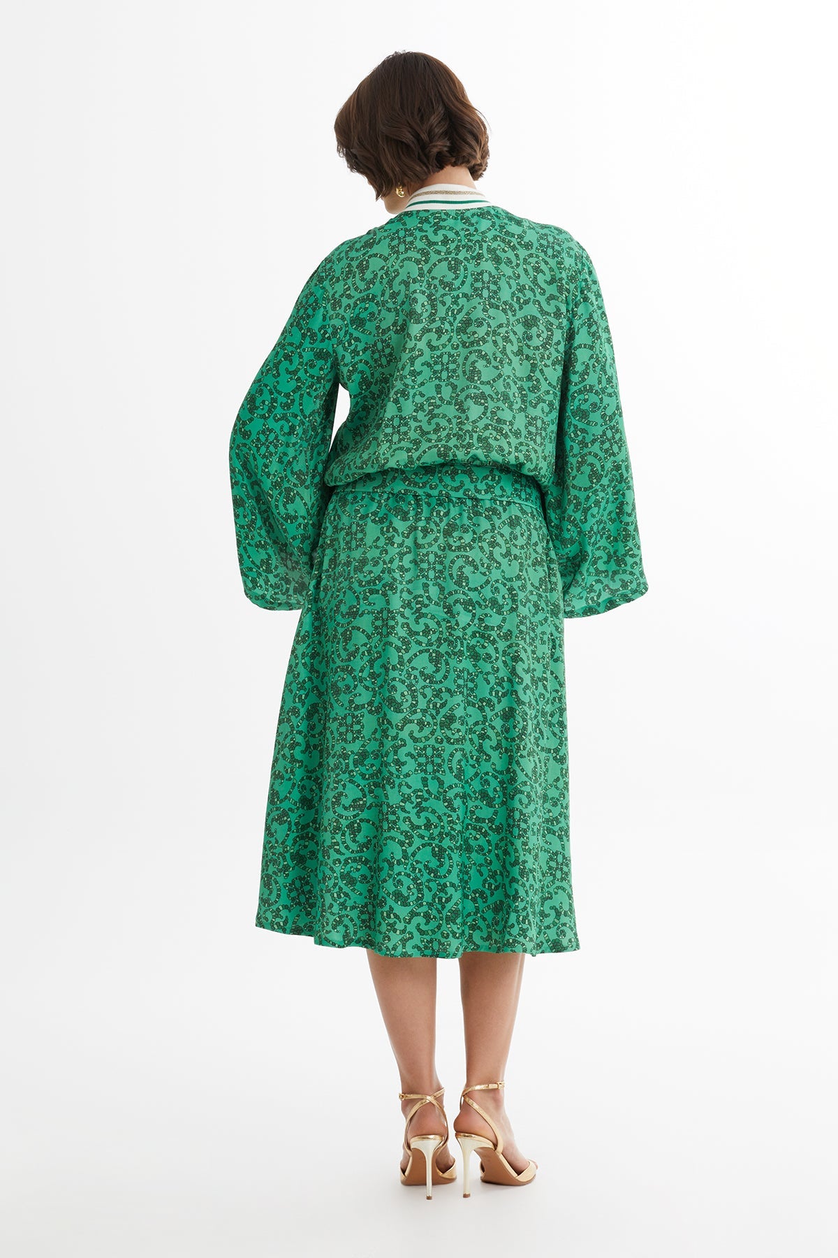 Green Batwing Sleeve Jacket Skirt Set