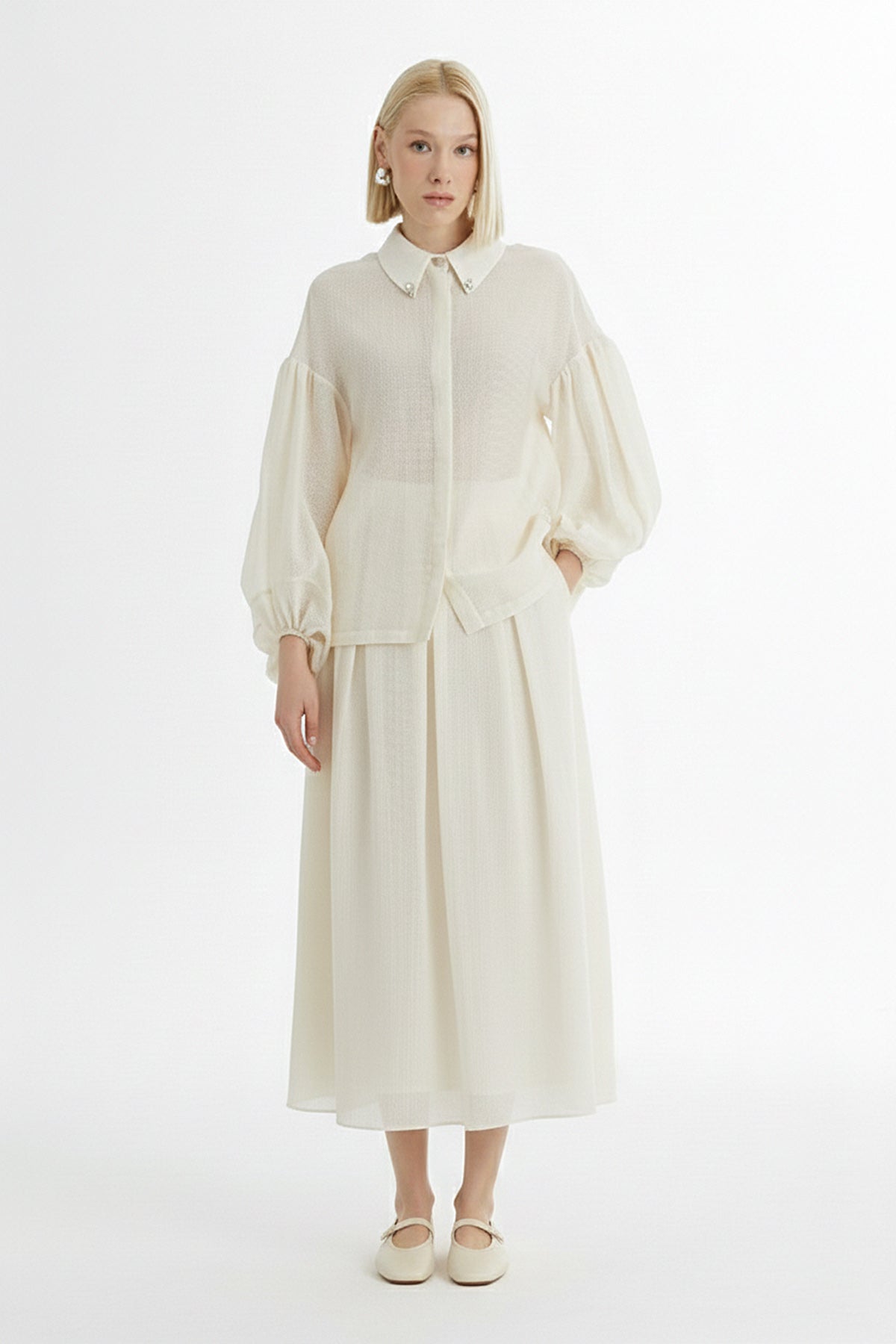 Ecru Embroidered Collar Shirt Pleated Skirt Set