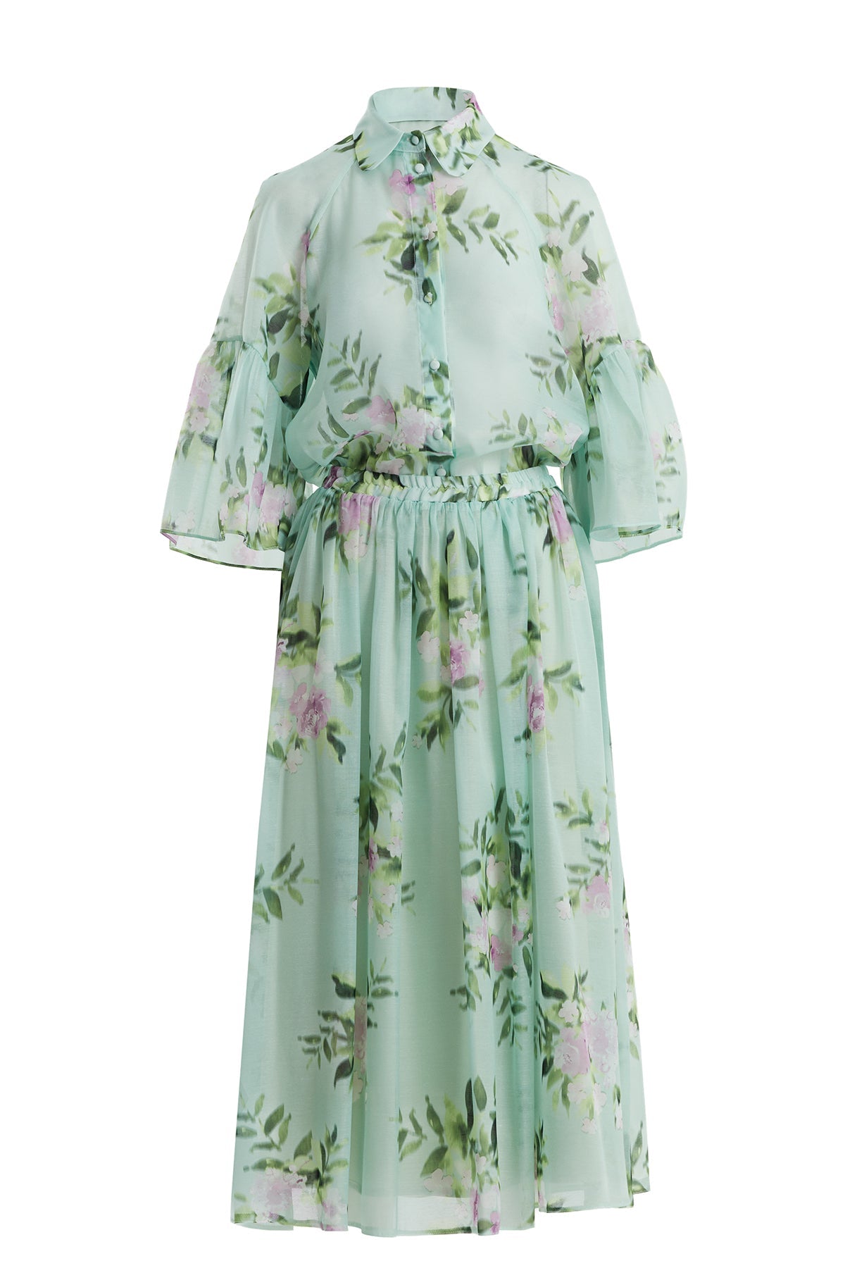 Green Patterned Shirt and Skirt Set