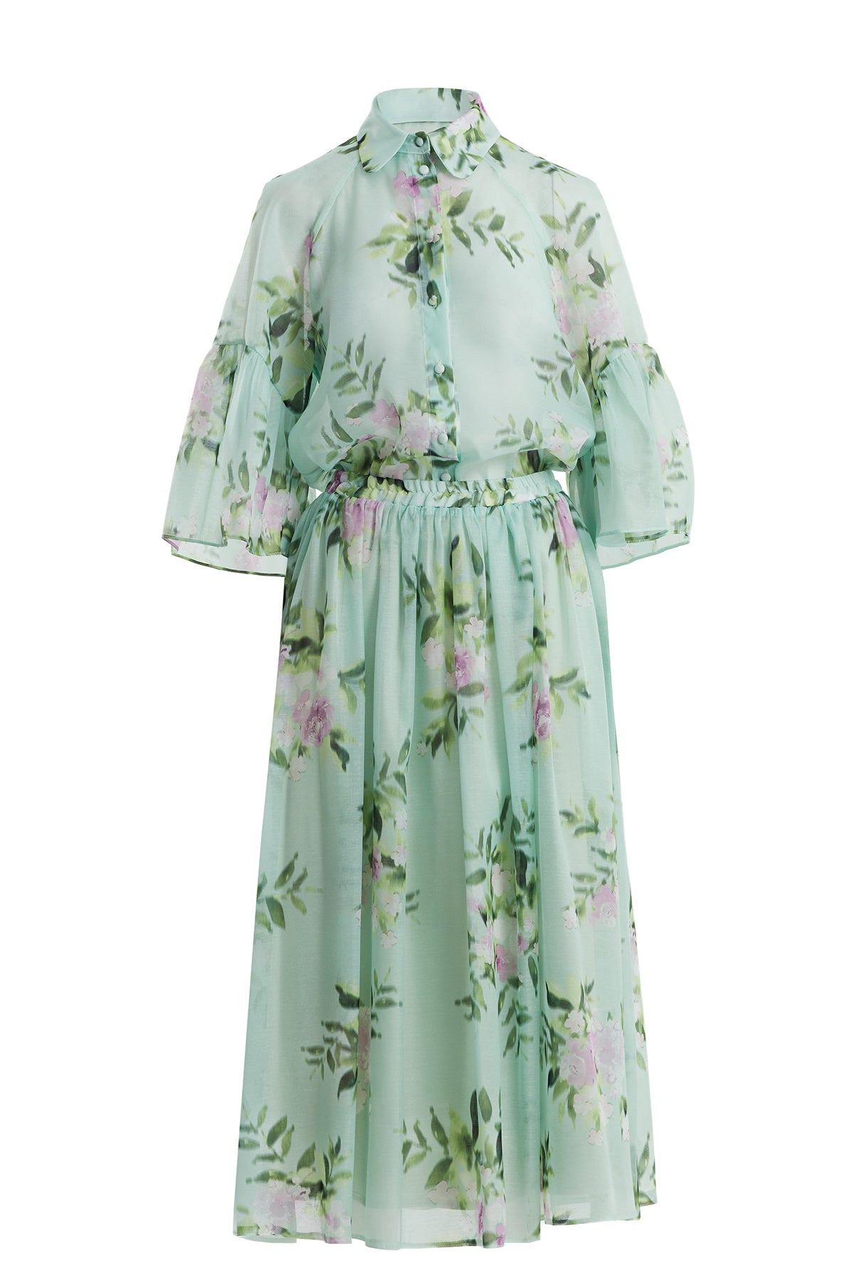Green Patterned Shirt and Skirt Set