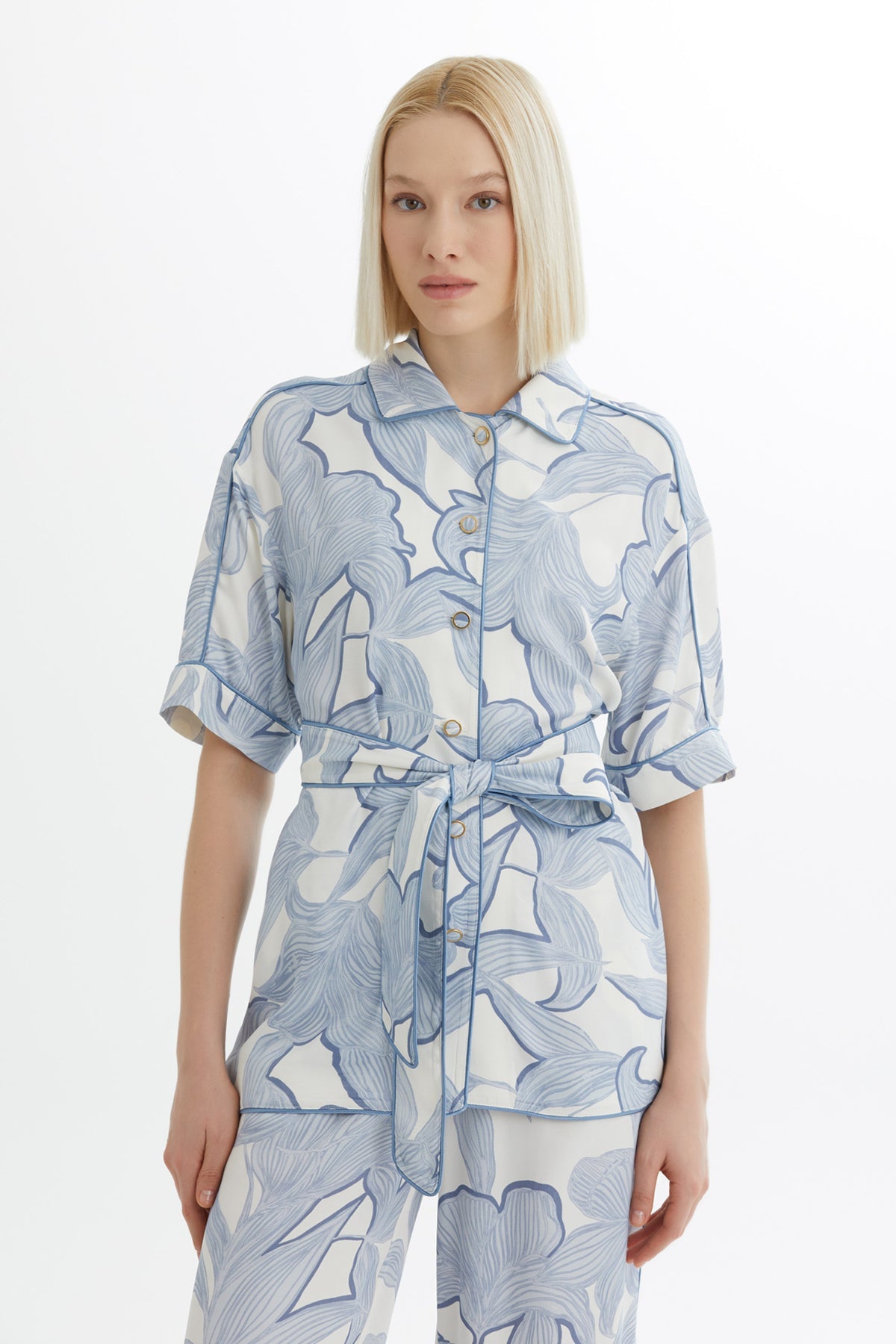Blue Tie-Waist Shirt Trouser Set
