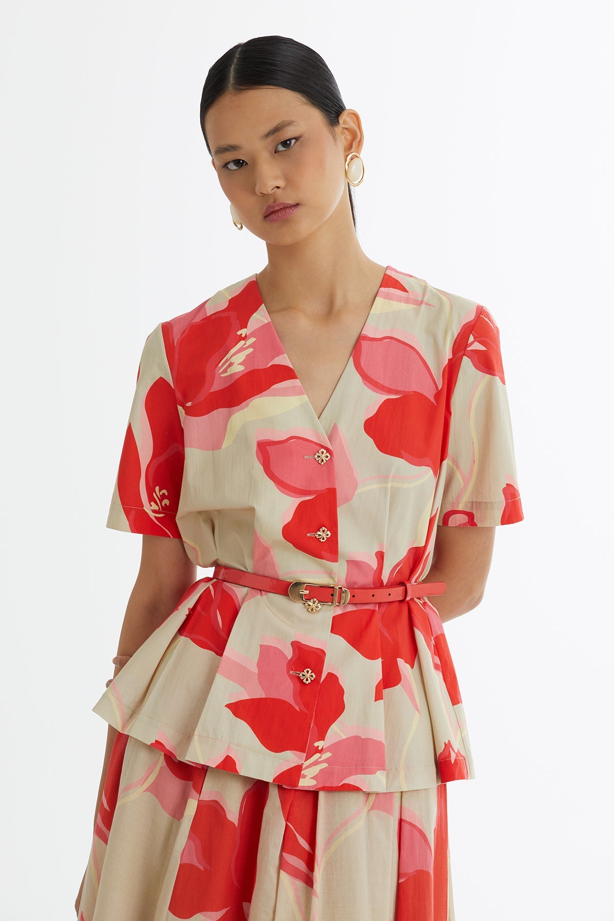 Beige Patterned Shirt and Skirt Set