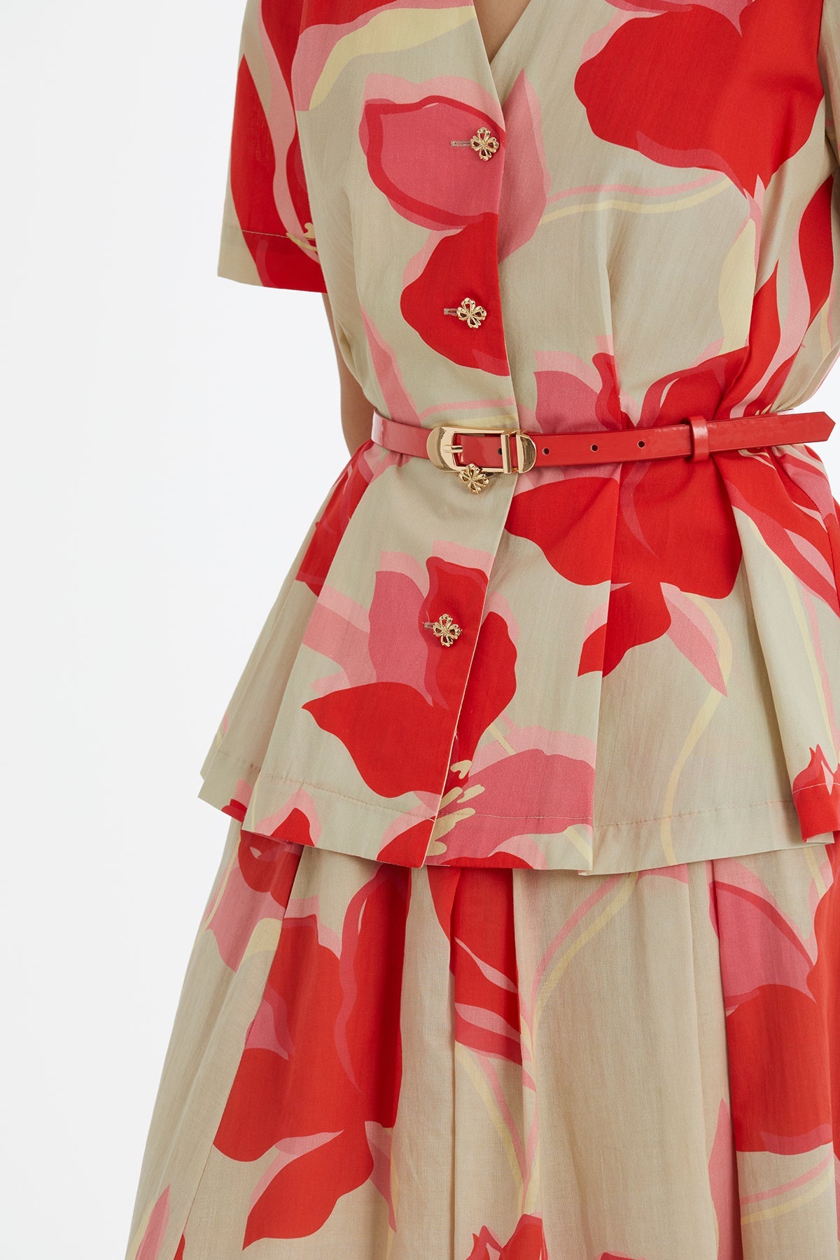 Beige Patterned Shirt and Skirt Set