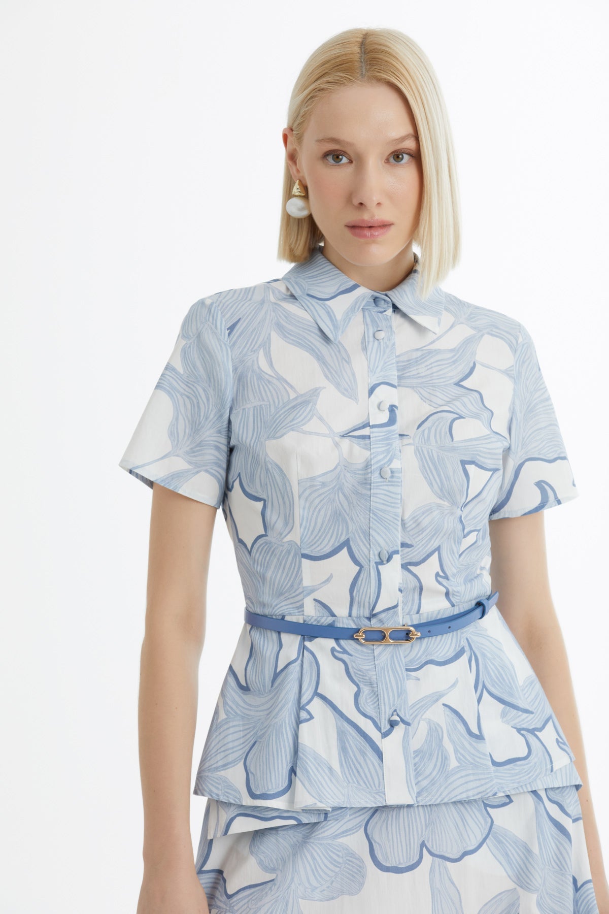 Blue Patterned Shirt and Skirt Set