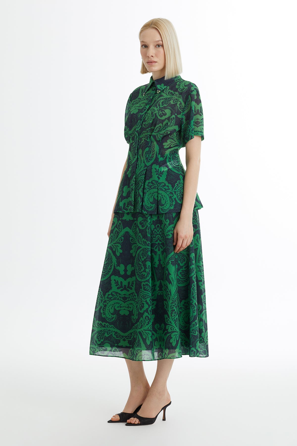 Green Patterned Shirt and Skirt Set