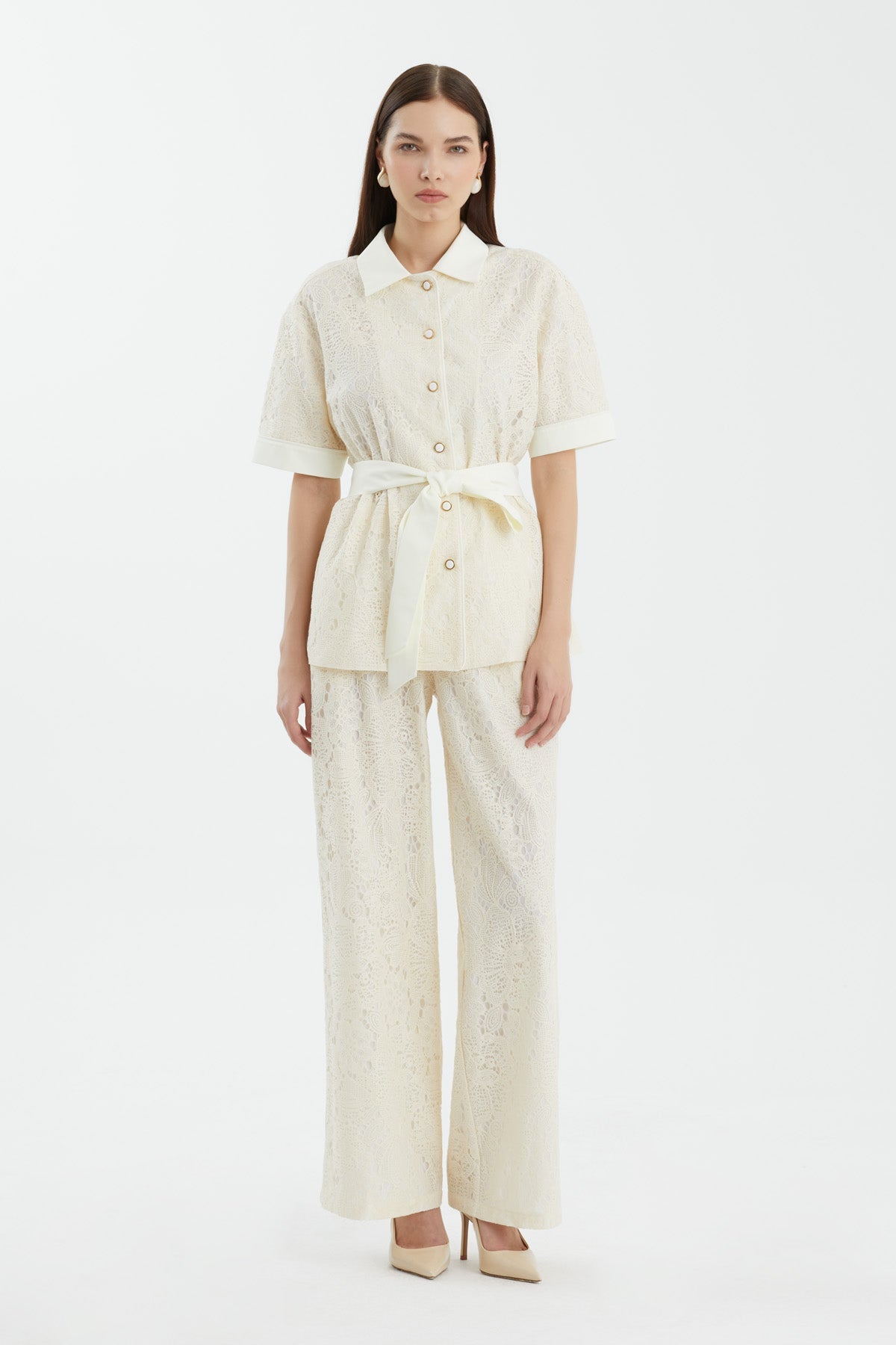 Ecru Tie-Waist Shirt Trouser Set