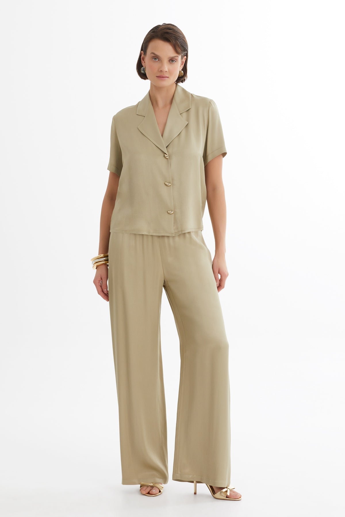 Beige Satin Shirt and Trouser Set