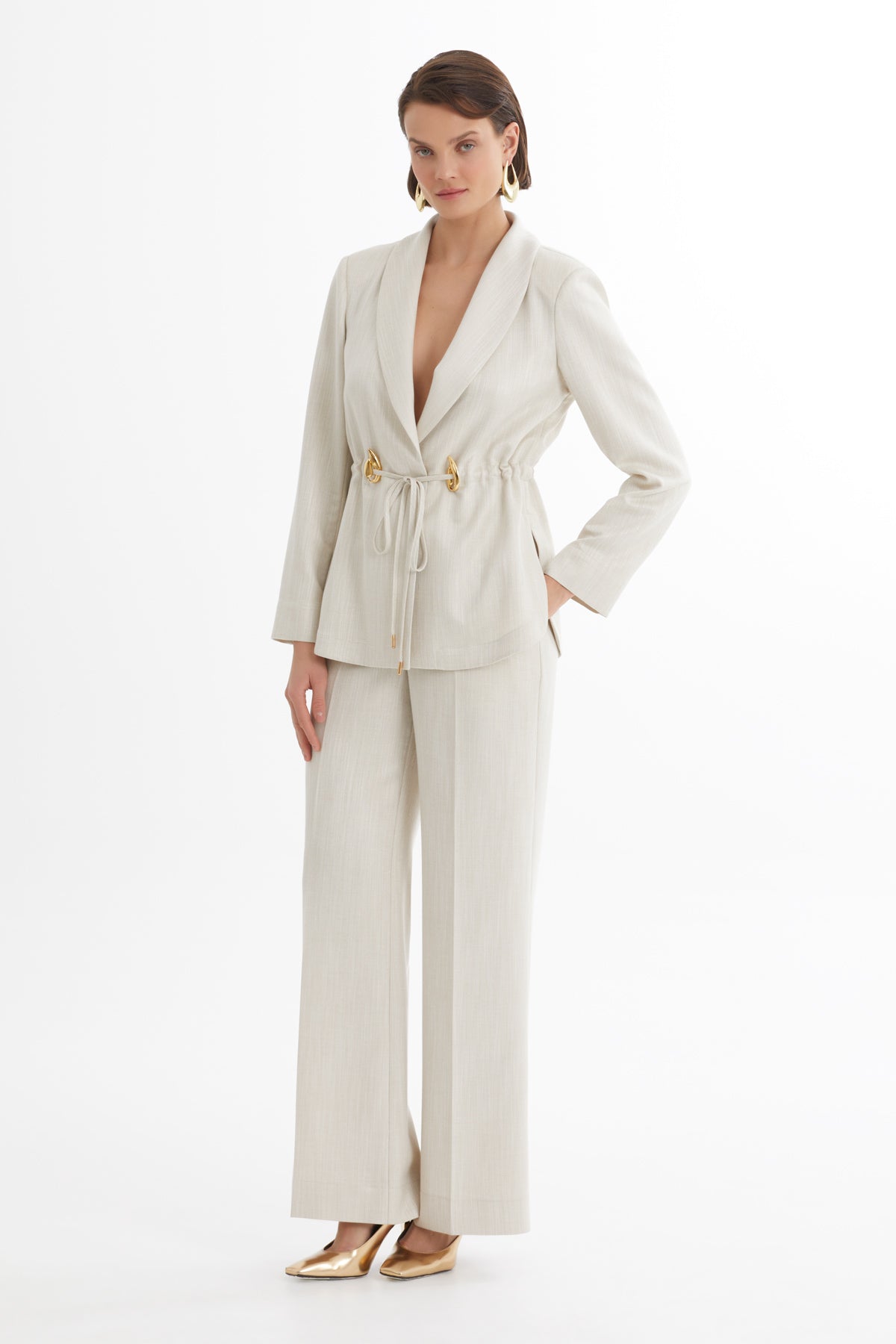 Ecru Shawl Collar Drawstring Waist Blazer and Pants Set