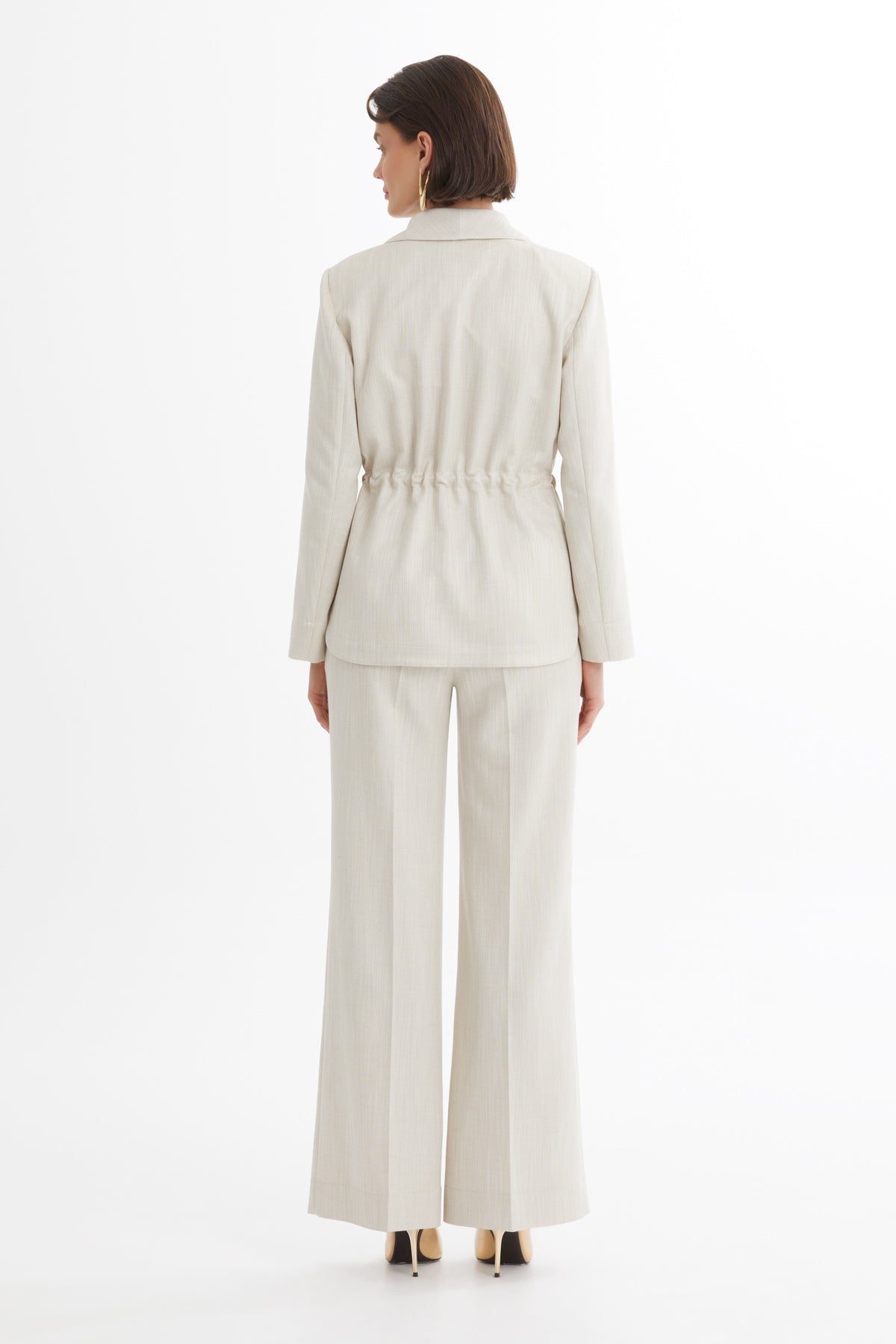 Ecru Shawl Collar Drawstring Waist Blazer and Pants Set