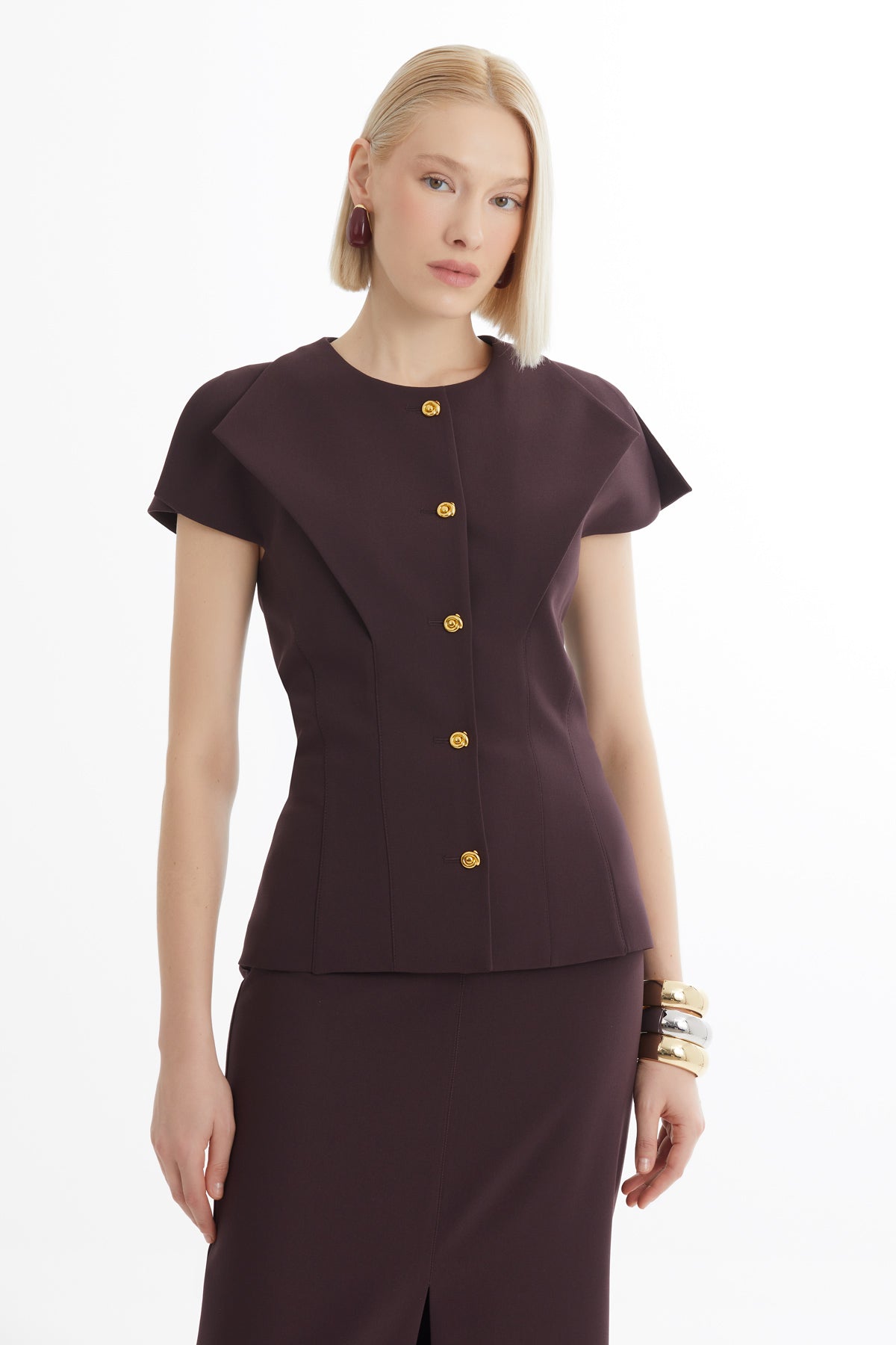 Red Short Sleeve Blazer and Slit Midi Skirt Set