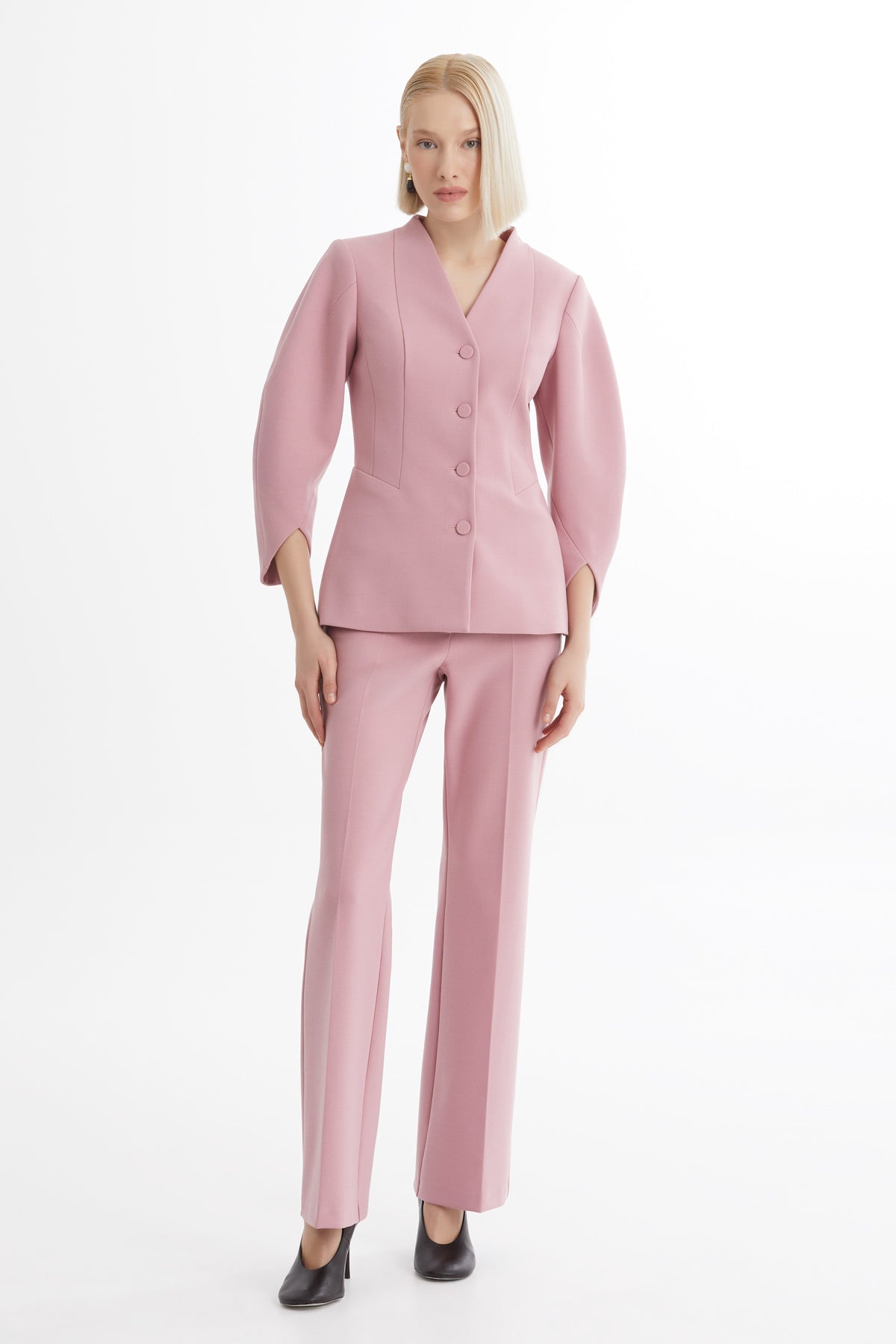 Pink V-Neck Blazer Trouser Set