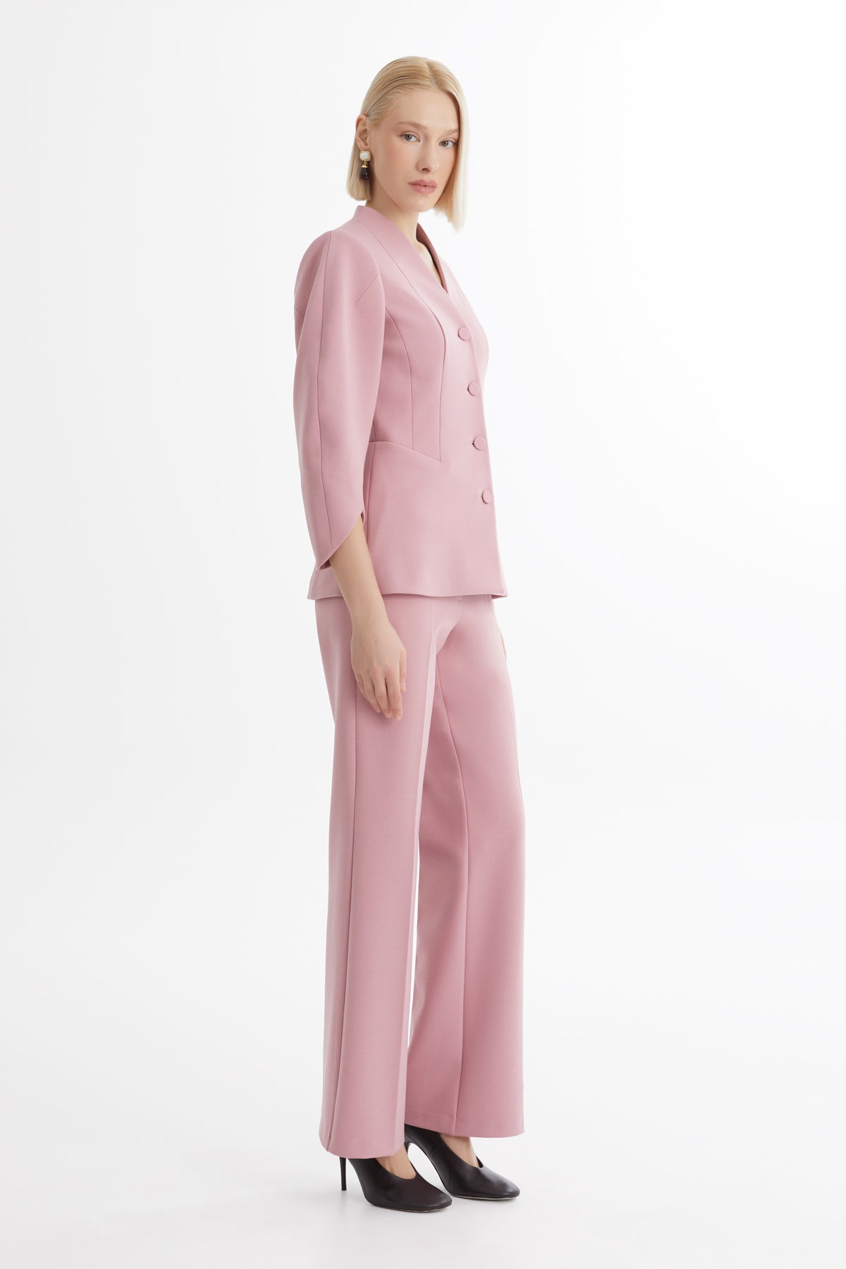 Pink V-Neck Blazer Trouser Set