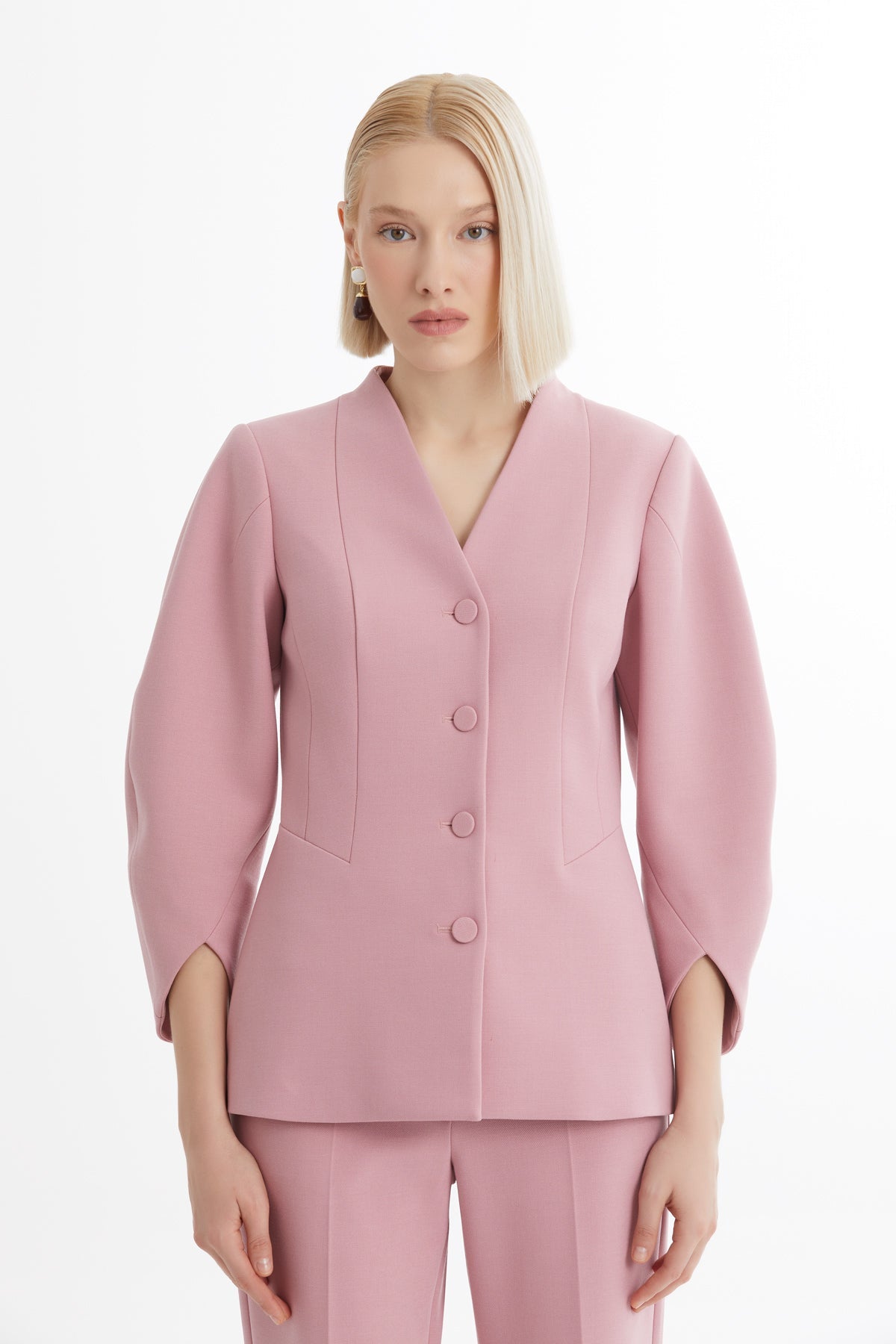 Pink V-Neck Blazer Trouser Set