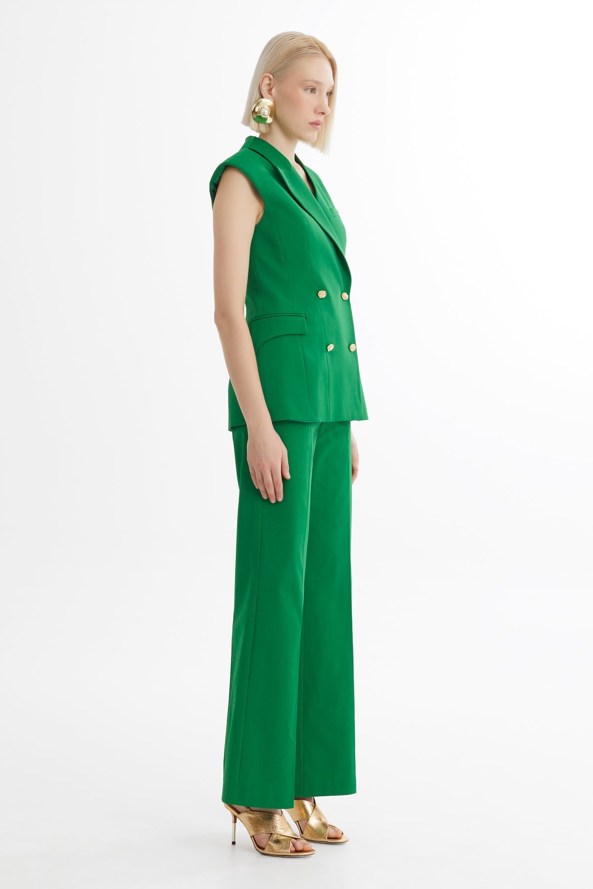 Green Asymmetric-Collar Blazer Trouser Set