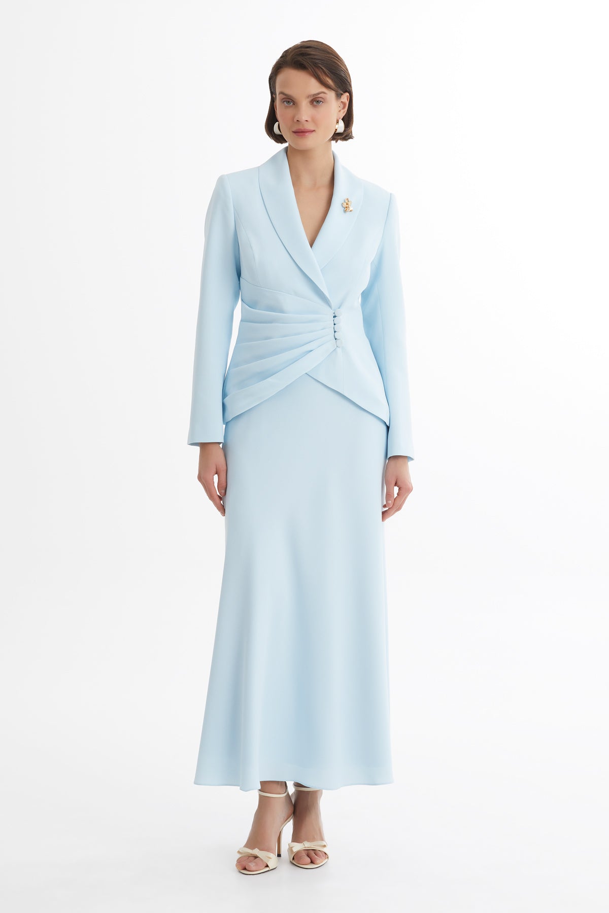 Blue Shawl-Collar Brooch Skirt Suit