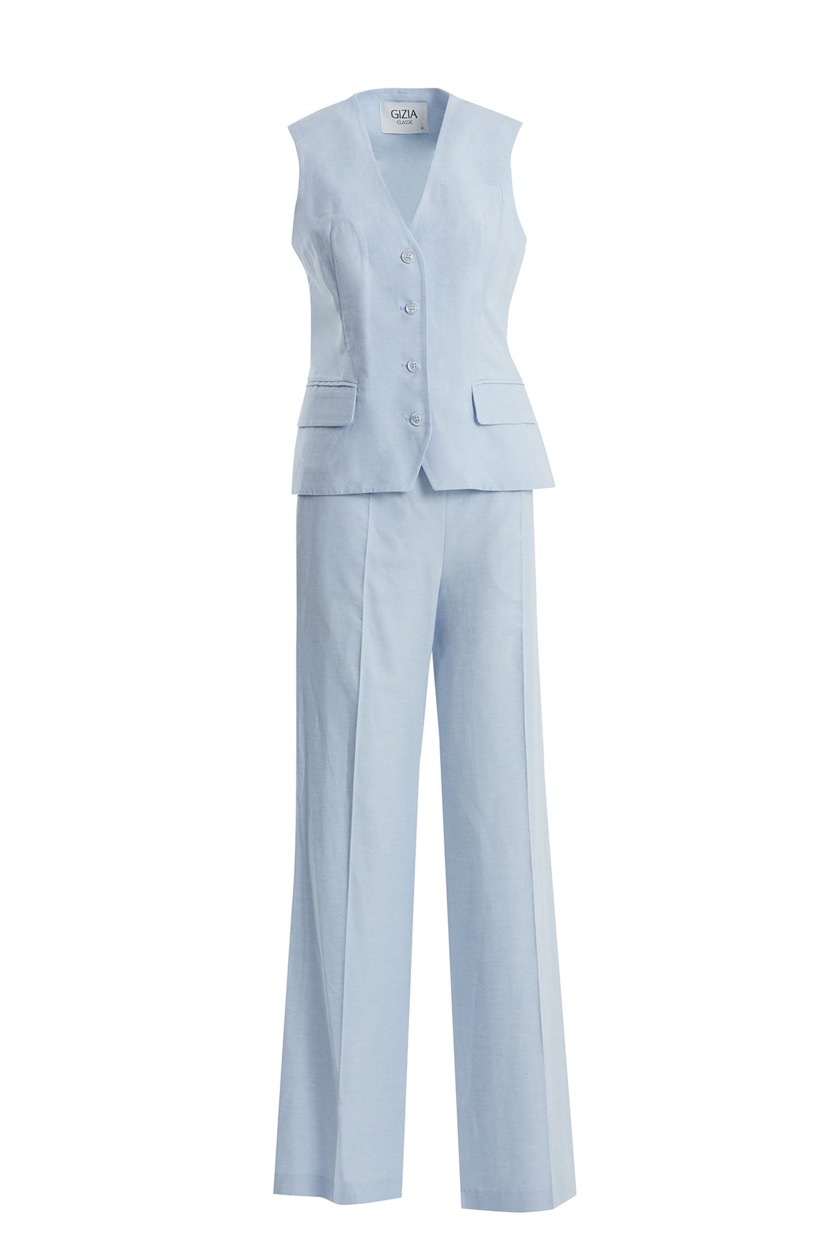 Blue Linen-Blend Vest and Pants Set