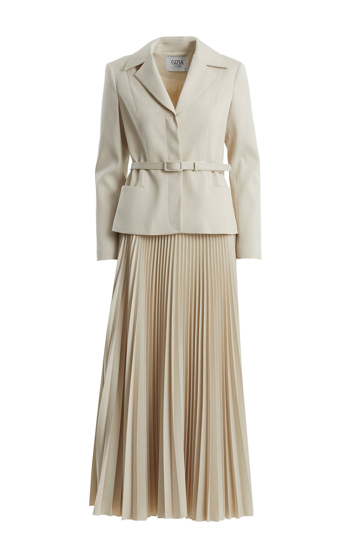 Beige Belted Blazer Pleated Skirt Set