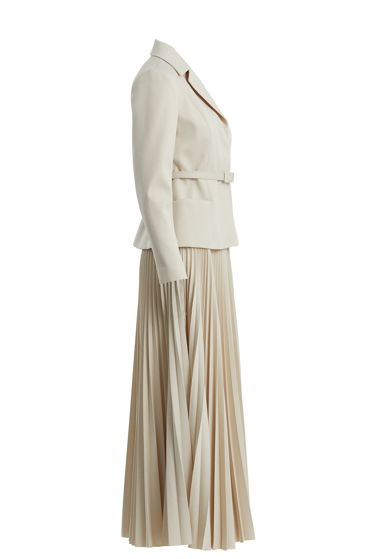 Beige Belted Blazer Pleated Skirt Set