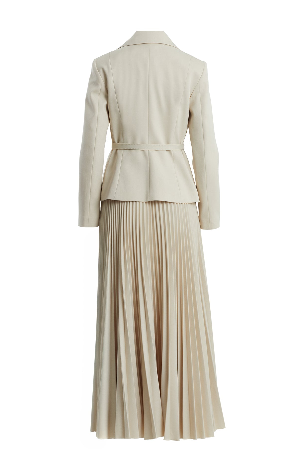 Beige Belted Blazer Pleated Skirt Set