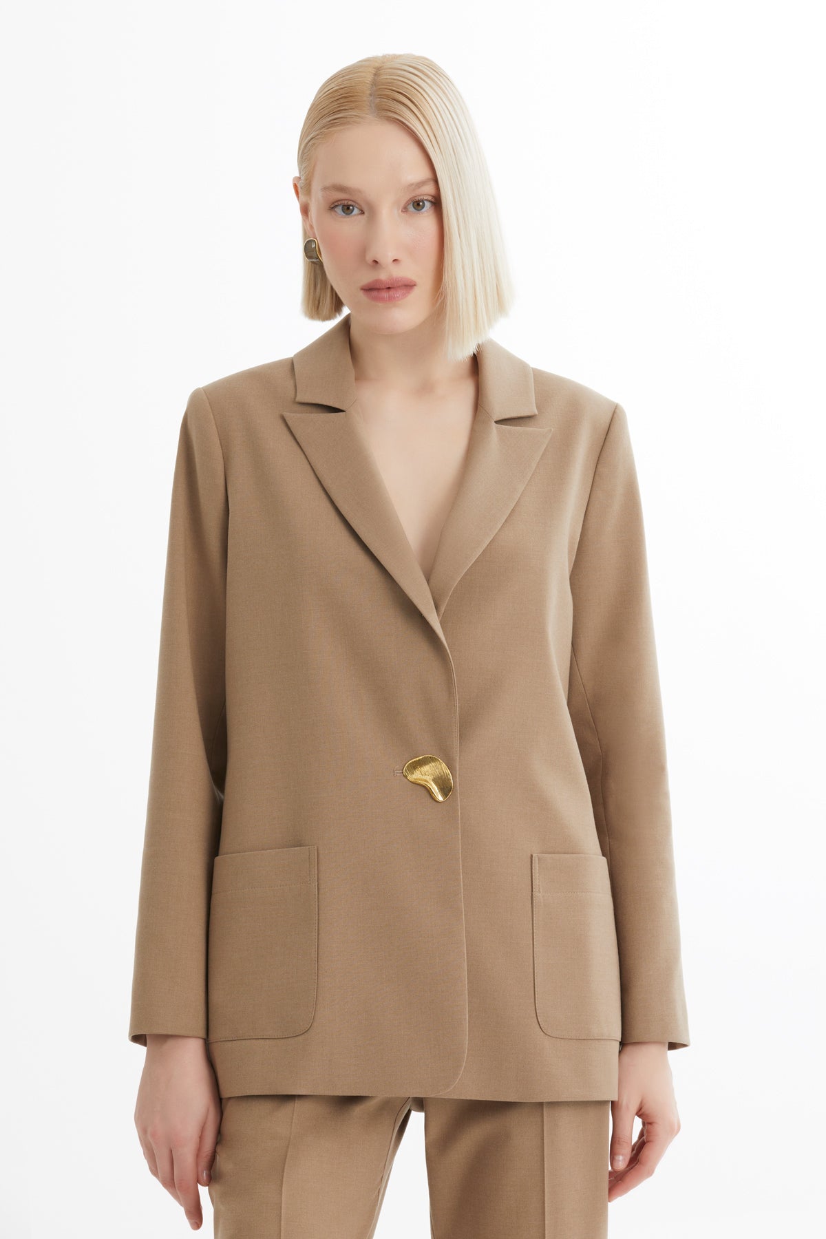 Beige Single-Button Blazer Trouser Set